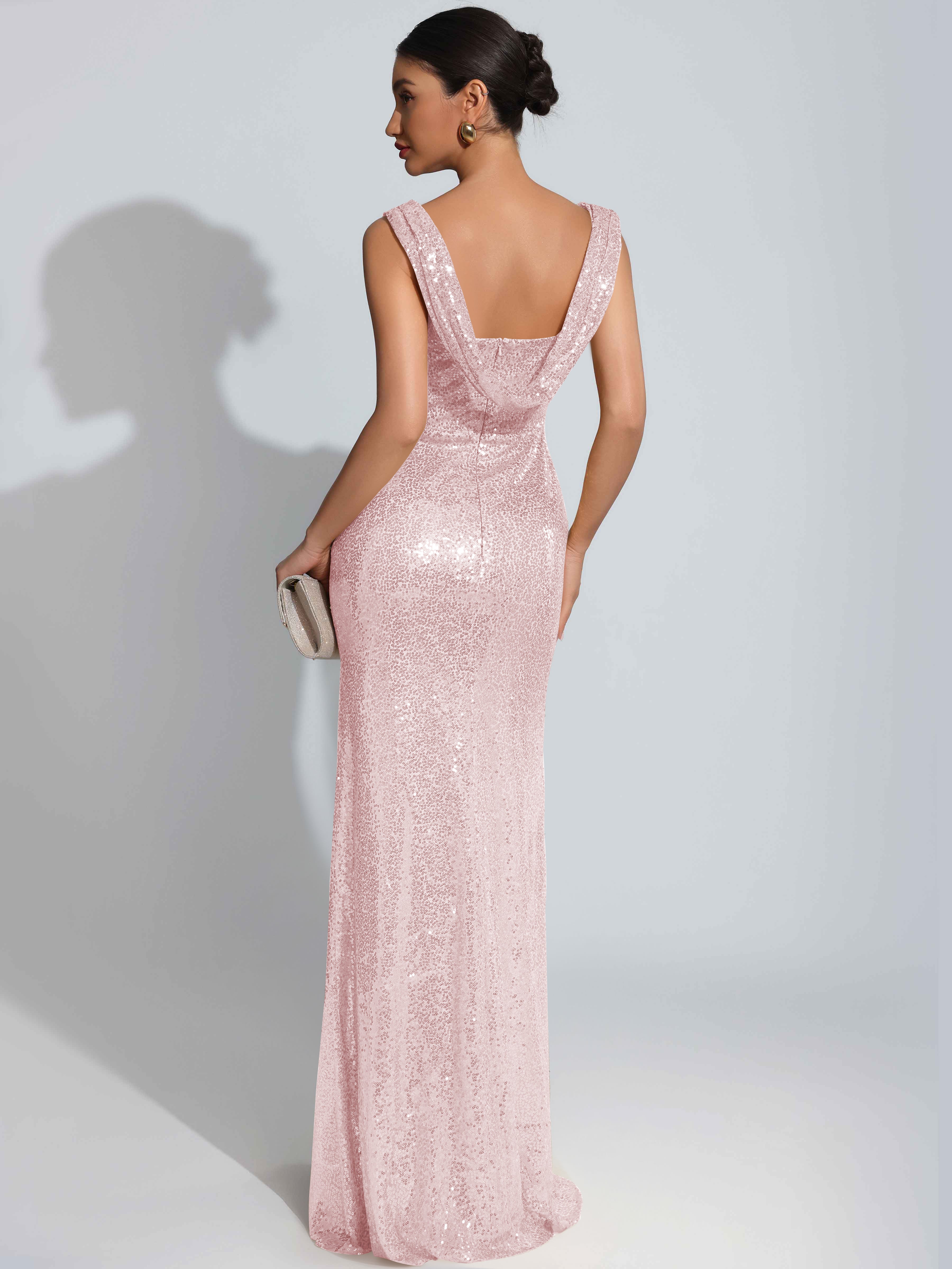 ROVDESY Sparkly Bateau Mermaid Ruched Sequin Long Prom Dress with Slit