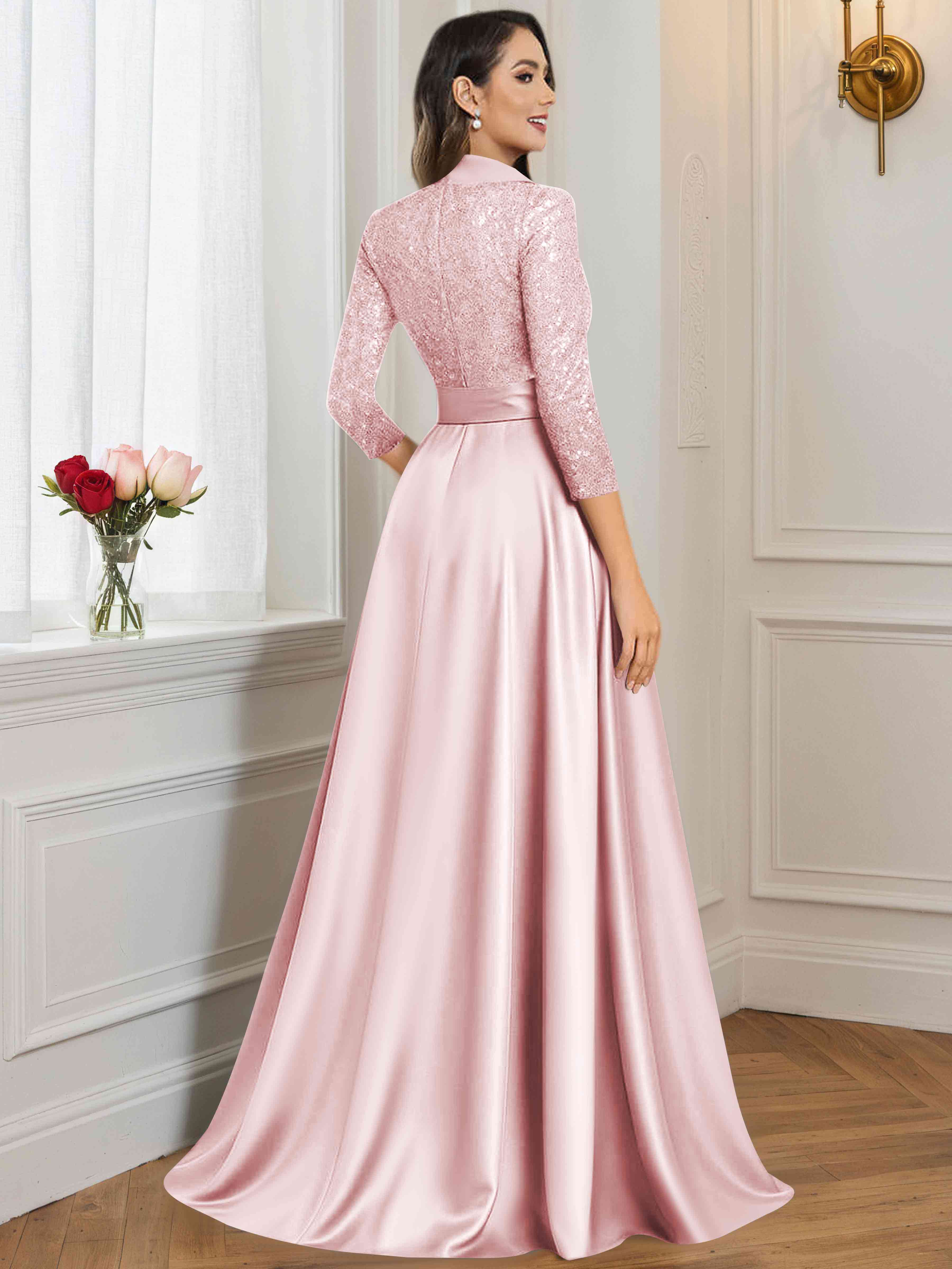 ROVDESY A-Line V Neck Sequin Satin  Long Mother of The Bride Dress Formal Gown With 3/4 Sleeves