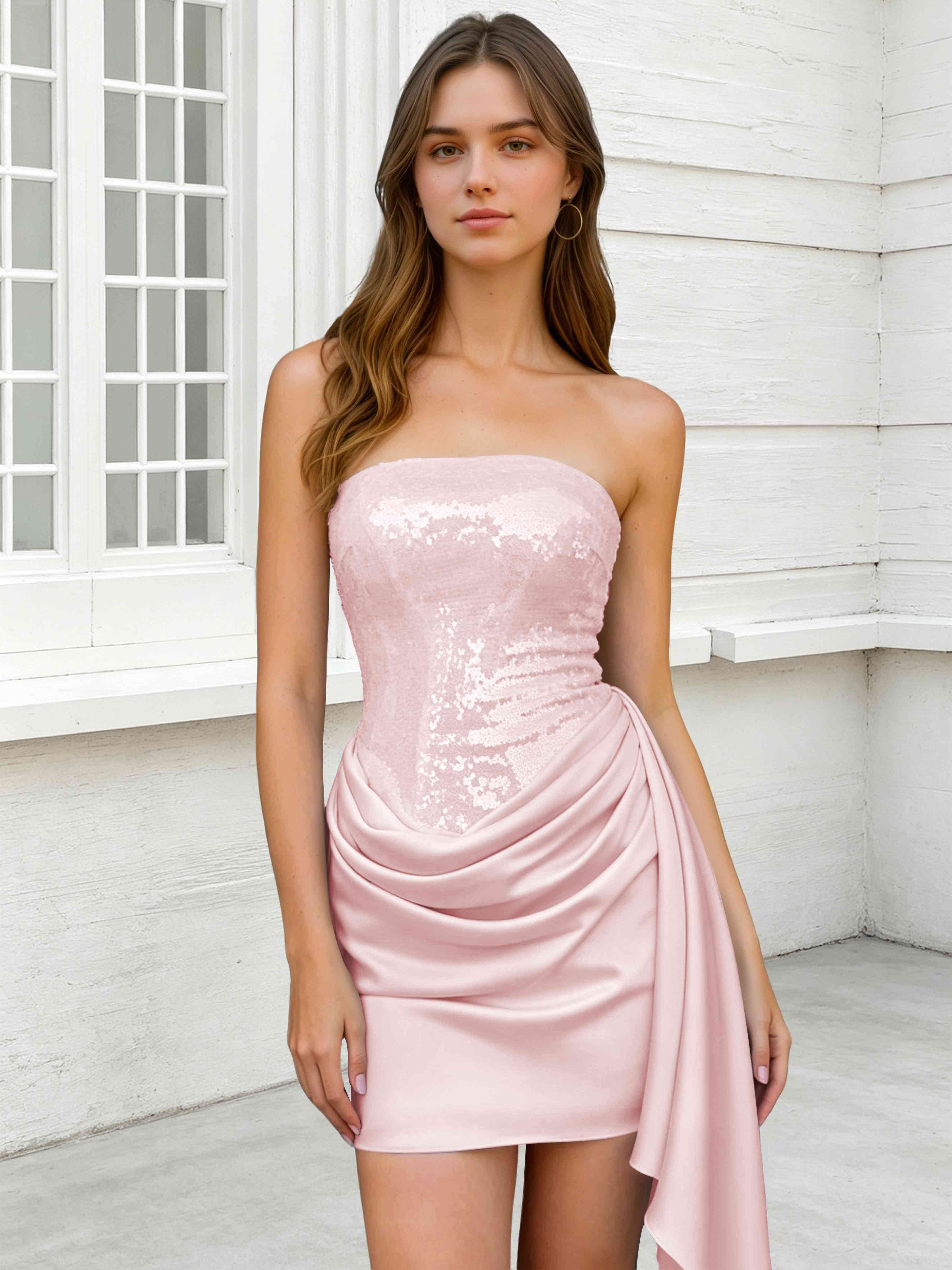 ROVDES Strapless Sequin Satin Tight Homecoming Mini Dress With Side Sash