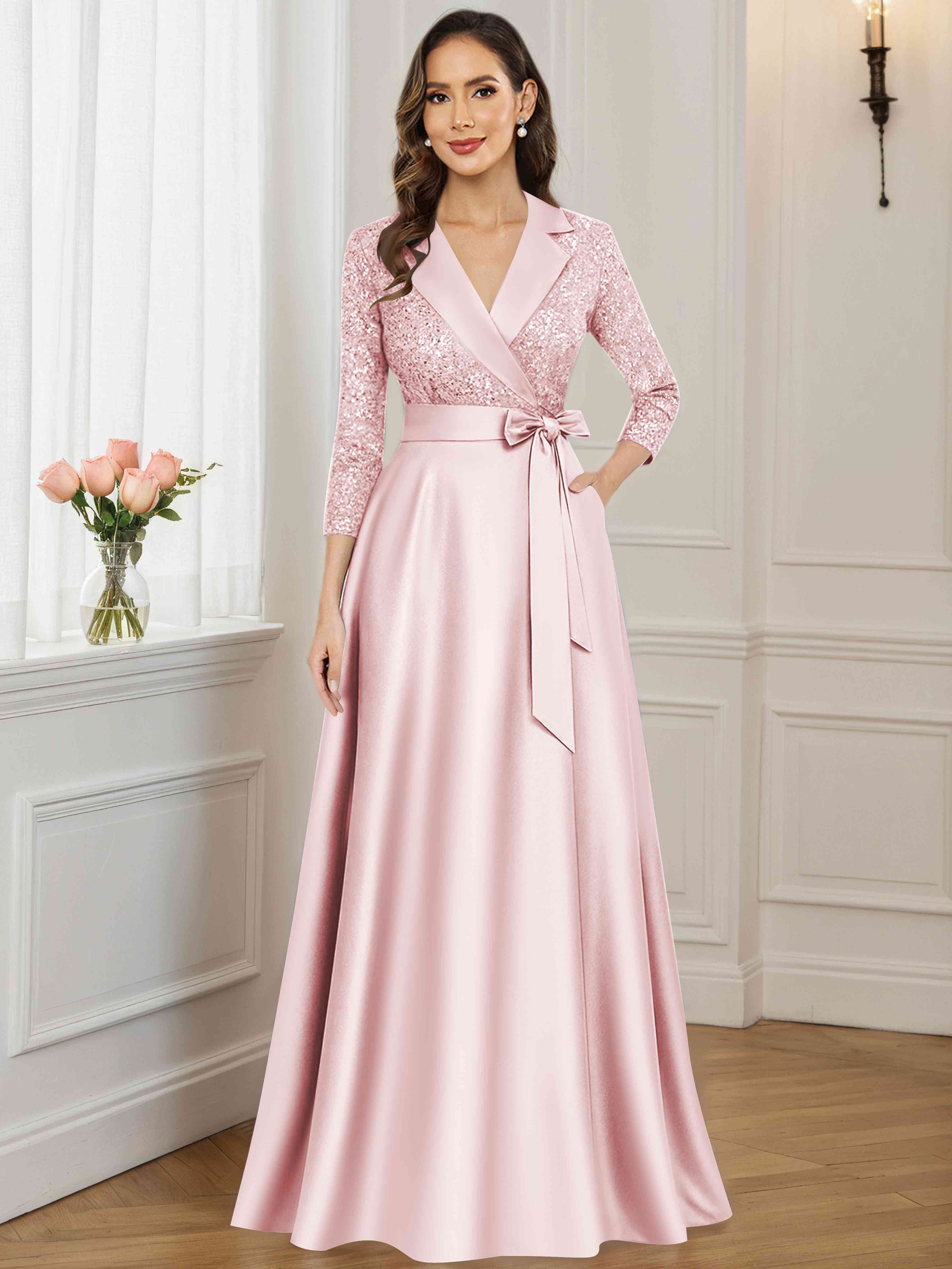 ROVDESY A-Line V Neck Sequin Satin  Long Mother of The Bride Dress Formal Gown With 3/4 Sleeves