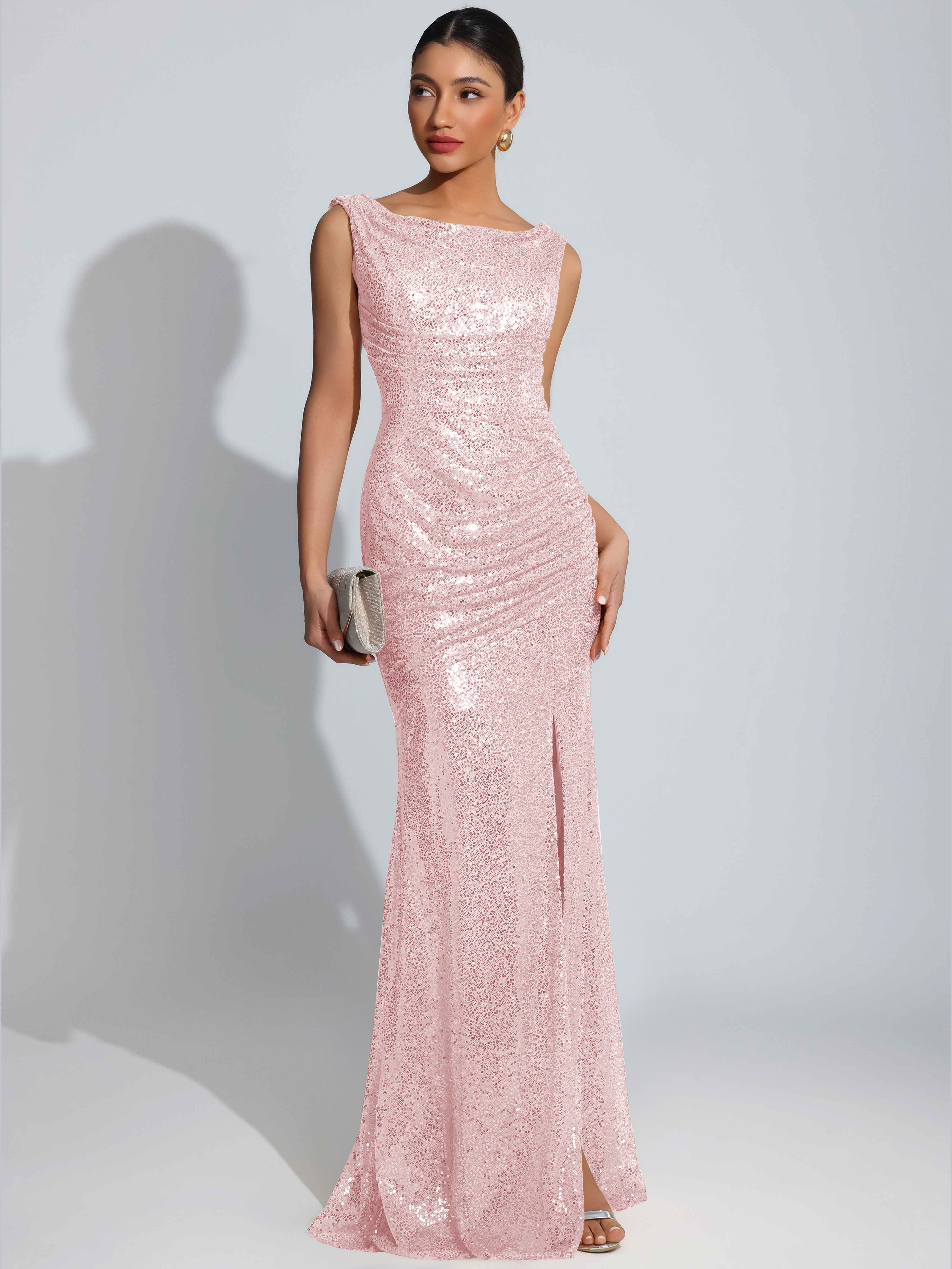 ROVDESY Sparkly Bateau Mermaid Ruched Sequin Long Prom Dress with Slit