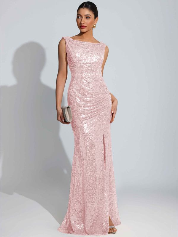Sparkly Bateau Mermaid Ruched Sequin Long Formal Dress with Slit