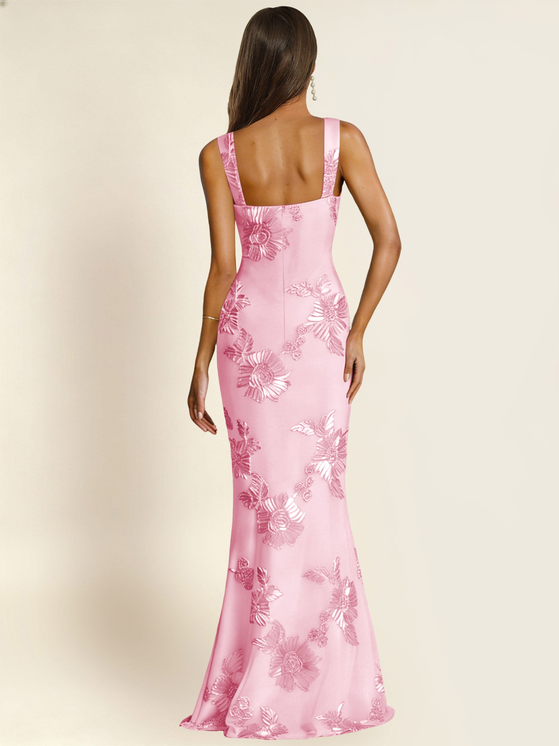 ROVDESY Square Neck Floral Applique Mermaid Long Prom/Bridesmaid Dress