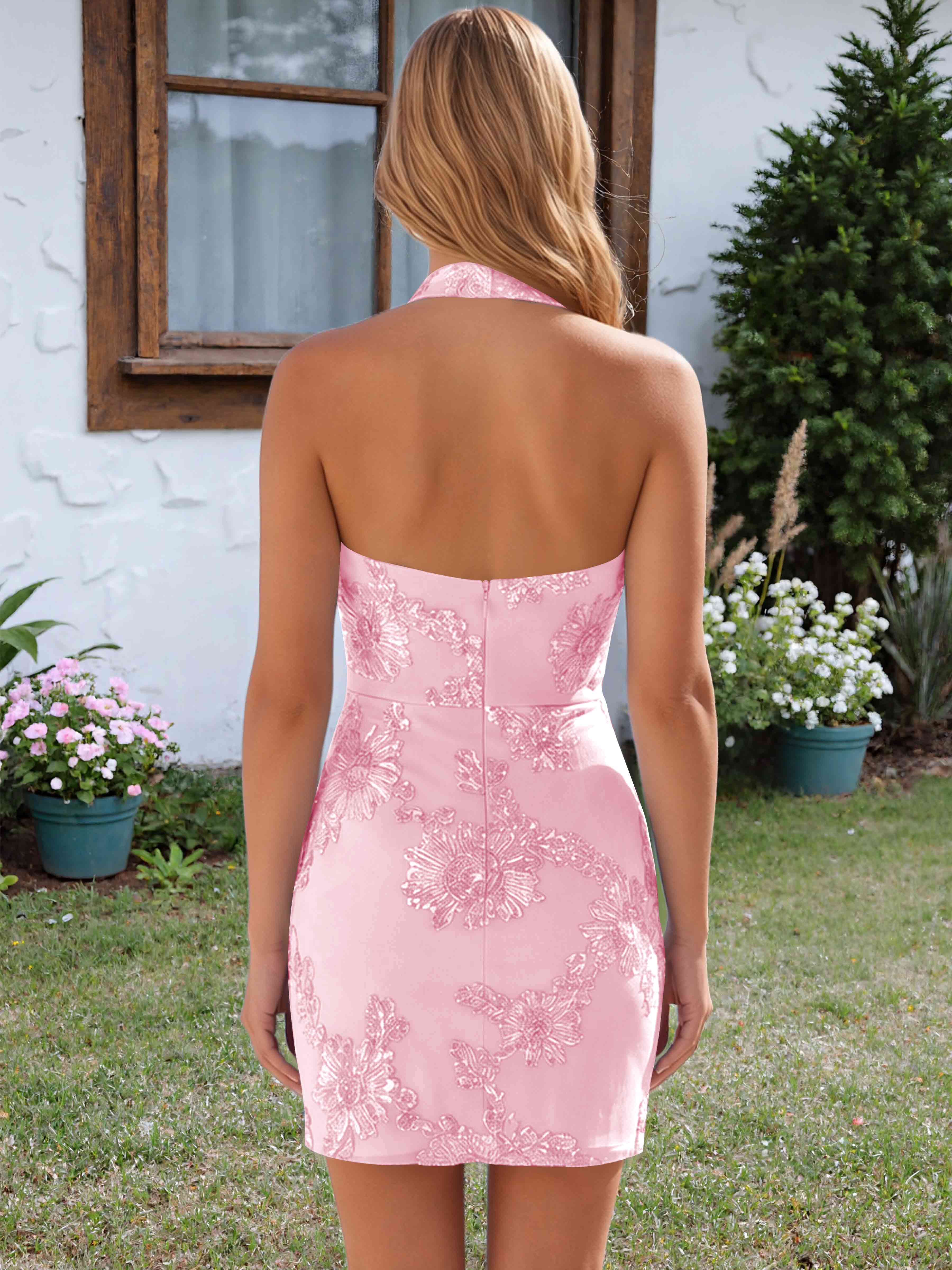 ROVDESY  Halter Sleeveless Floral Embroidery Homecoming Mini Dress