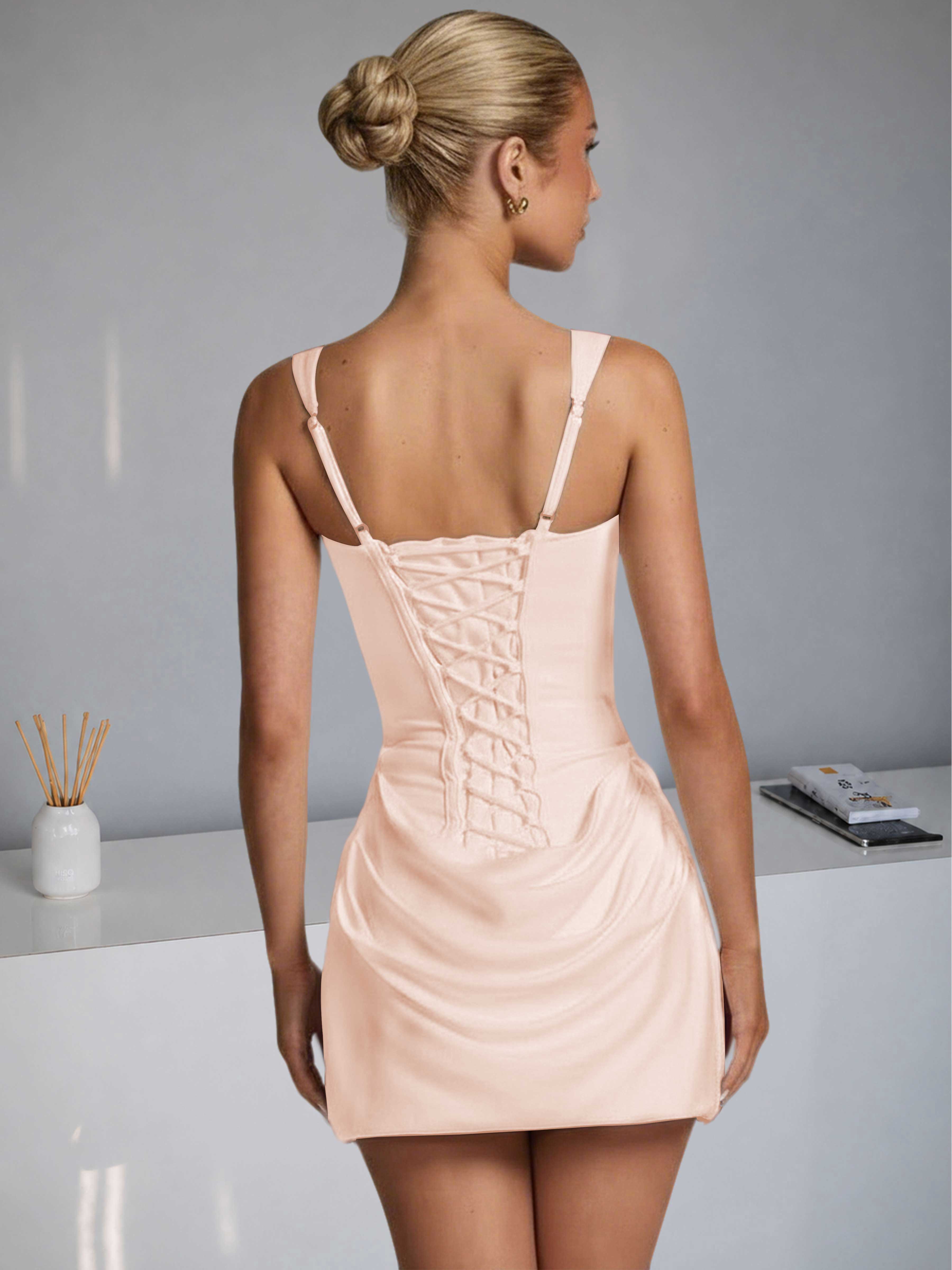 ROVDESY Square Neck Ruched Satin Homecoming Mini Dress