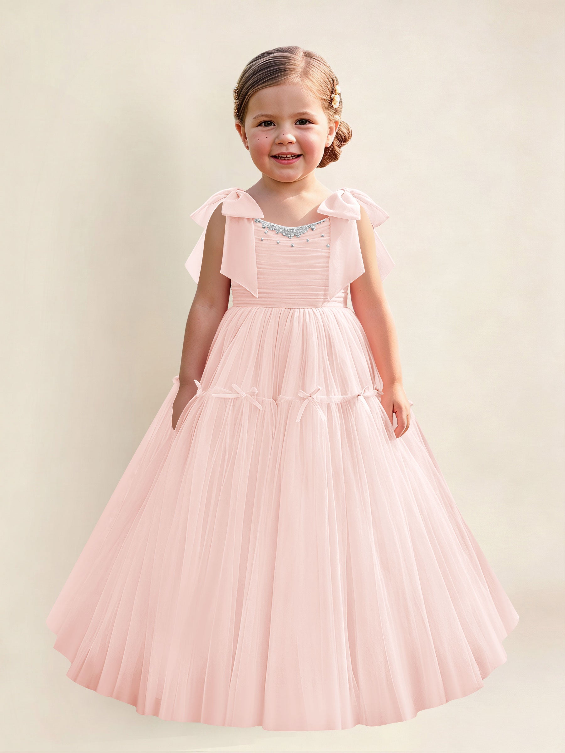 ROVDESY A-Line Tulle Flower Girl Dress With Bow Long Ball Gown Dress