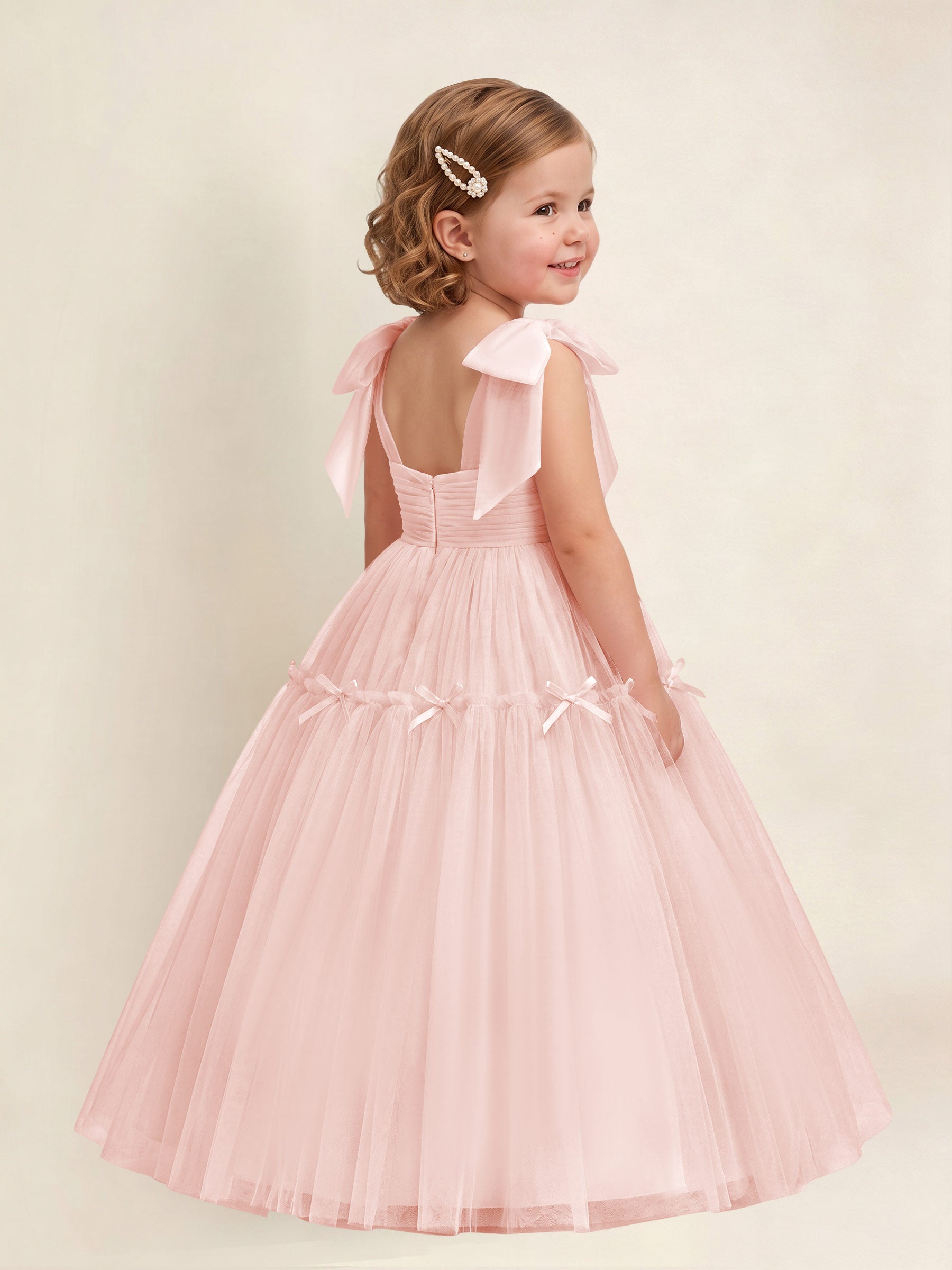 ROVDESY A-Line Tulle Flower Girl Dress With Bow Long Ball Gown Dress