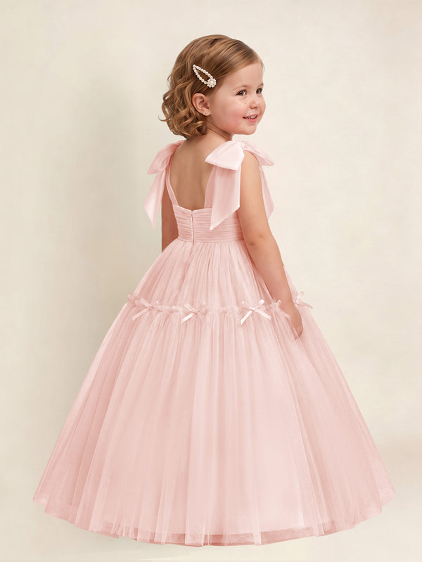 A-Line Tulle Flower Girl Dress With Bow Long Ball Gown Dress