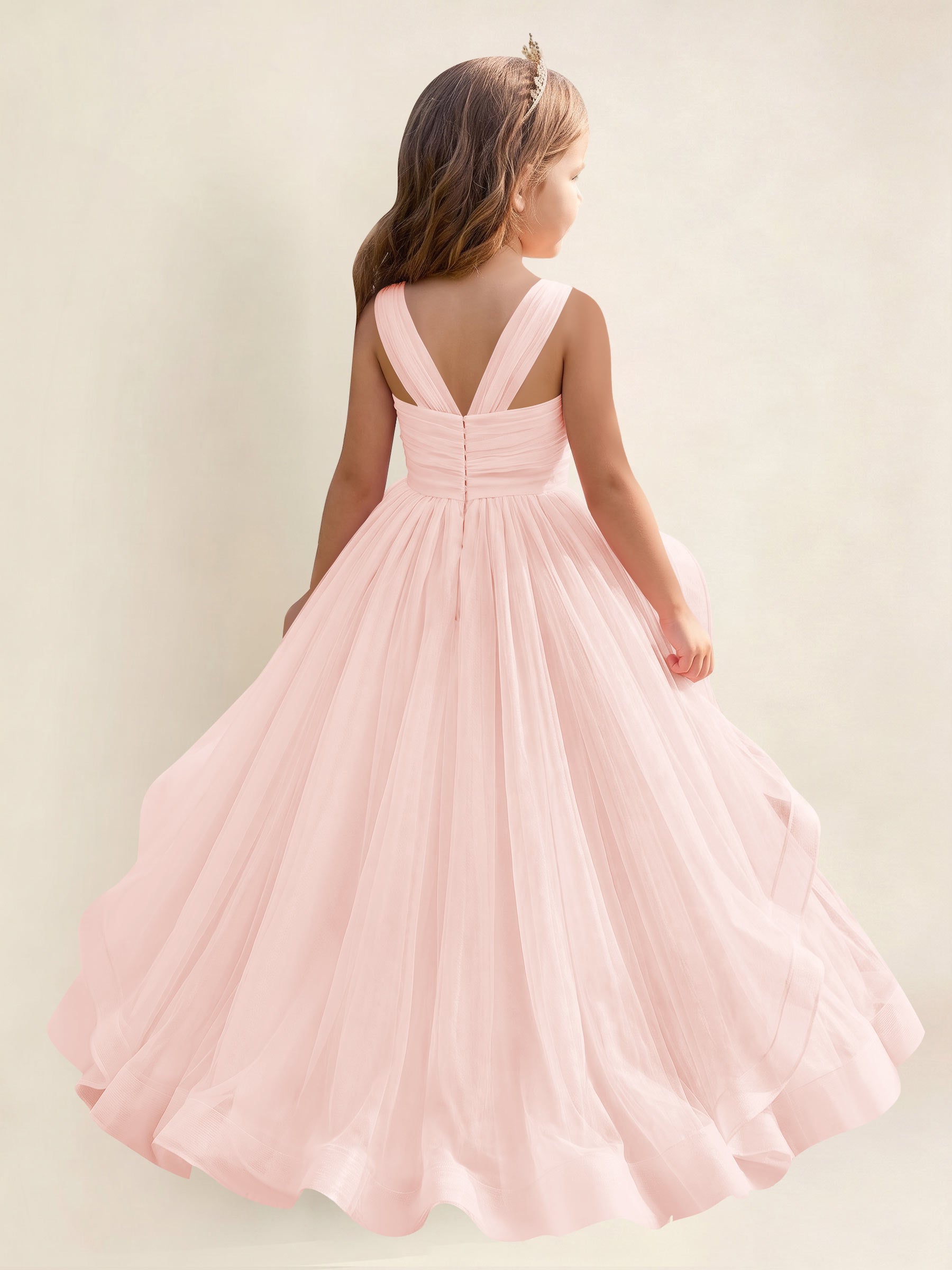 ROVDESY A-Line V-Neck Tulle Flower Girl Dress With Sleeveless Long Ball Gown Dress