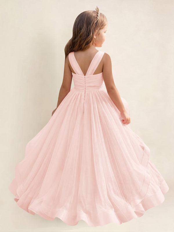 A-Line V-Neck Tulle Flower Girl Dress With Sleeveless Long Ball Gown Dress