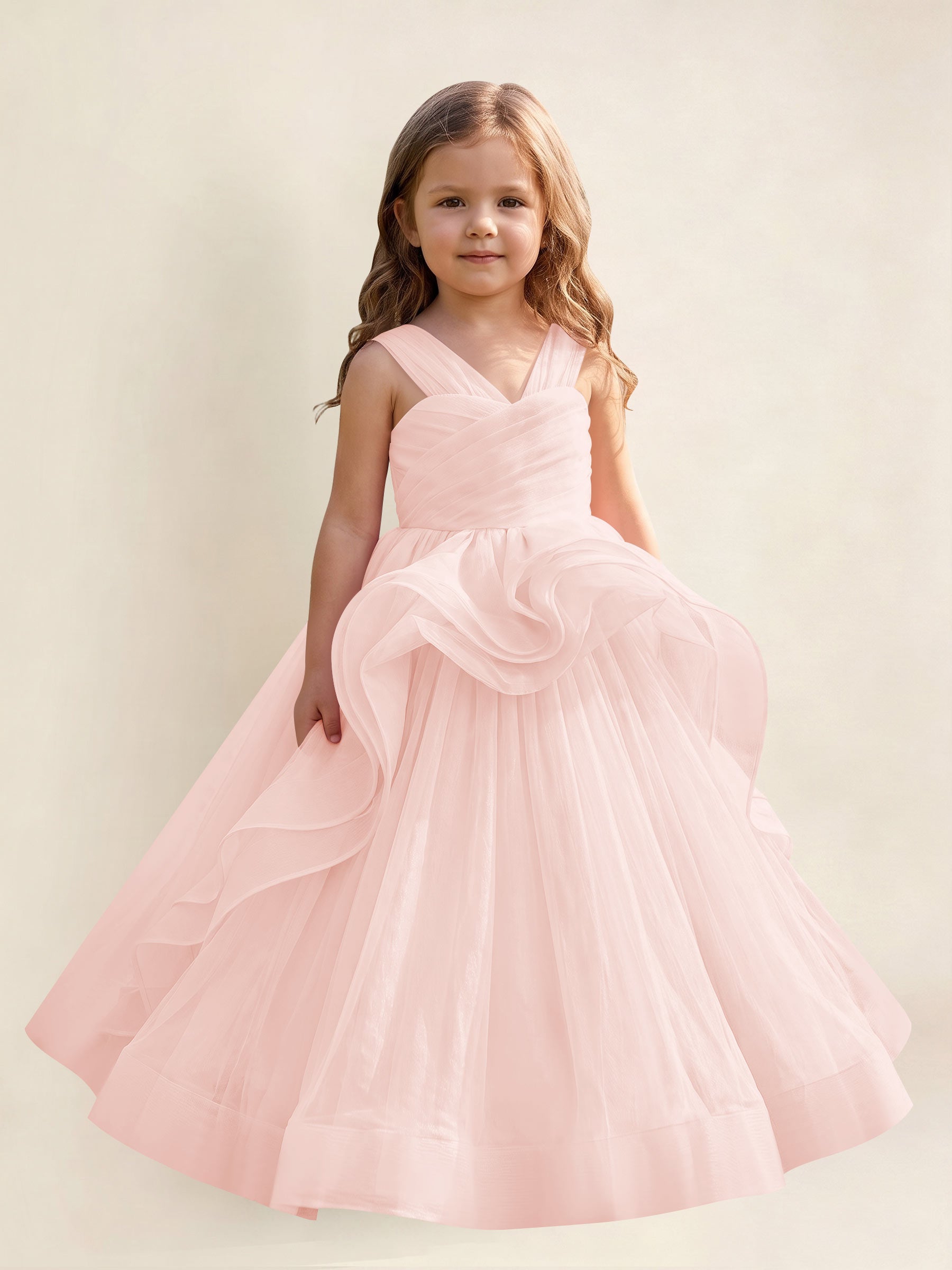 ROVDESY A-Line V-Neck Tulle Flower Girl Dress With Sleeveless Long Ball Gown Dress