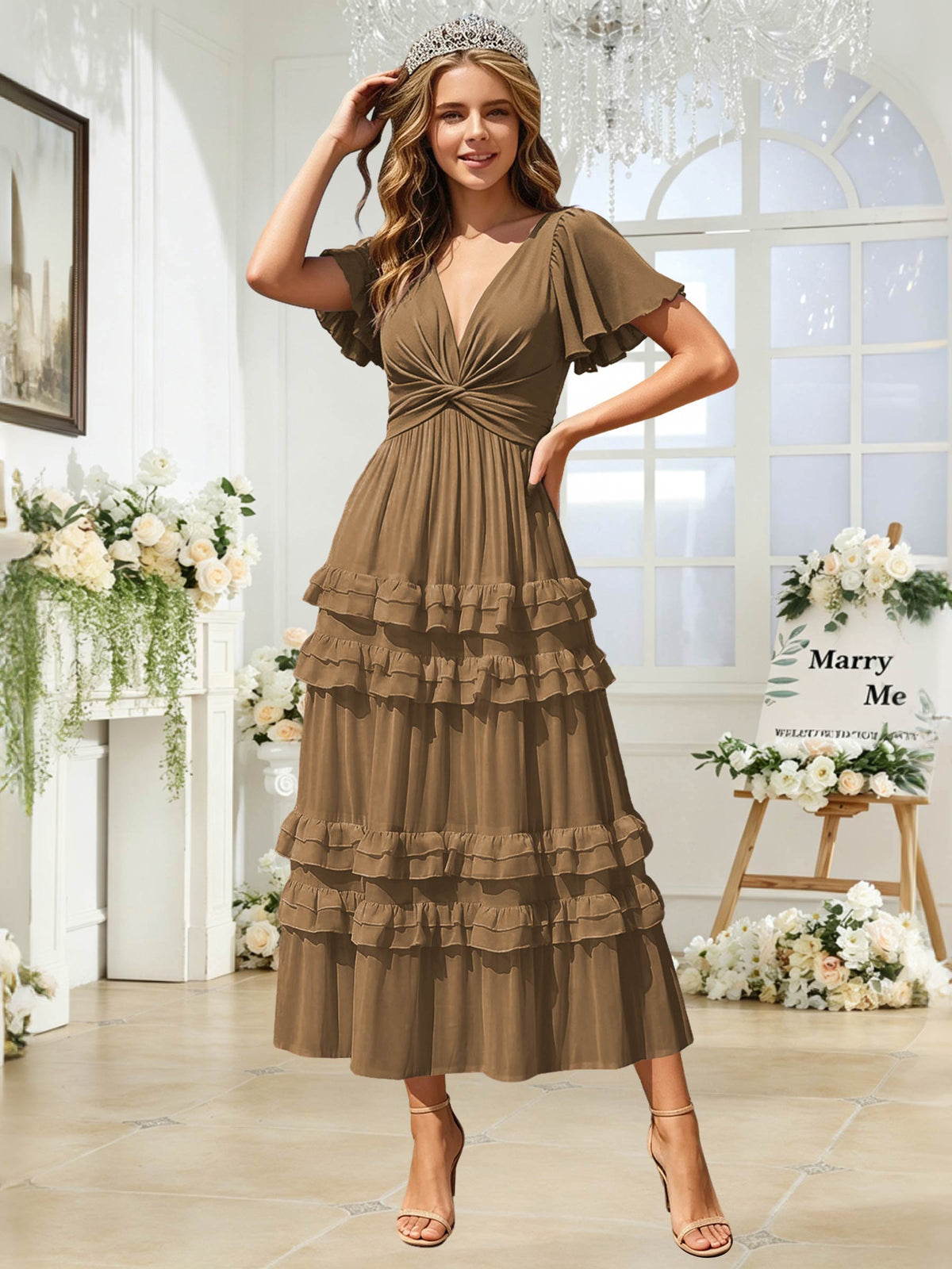 A Line Chiffon Pleated Bridesmaid Dress with Sleeves