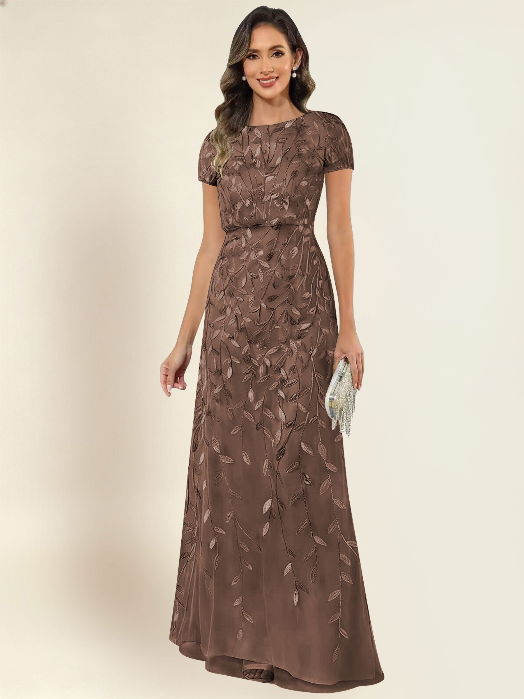 ROVDESY Sequin Mermaid Long Mother Of The Bride Dress With Short Sleeves Formal Gown