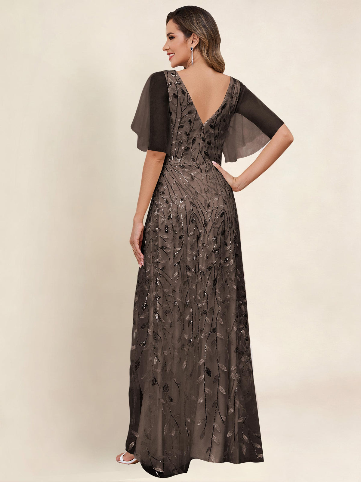 V Neck Sequin Tulle A Line Mother of the Bride Dress with Sleeves
