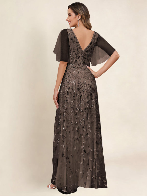 V Neck Sequin Tulle A Line Mother of the Bride Dress with Sleeves