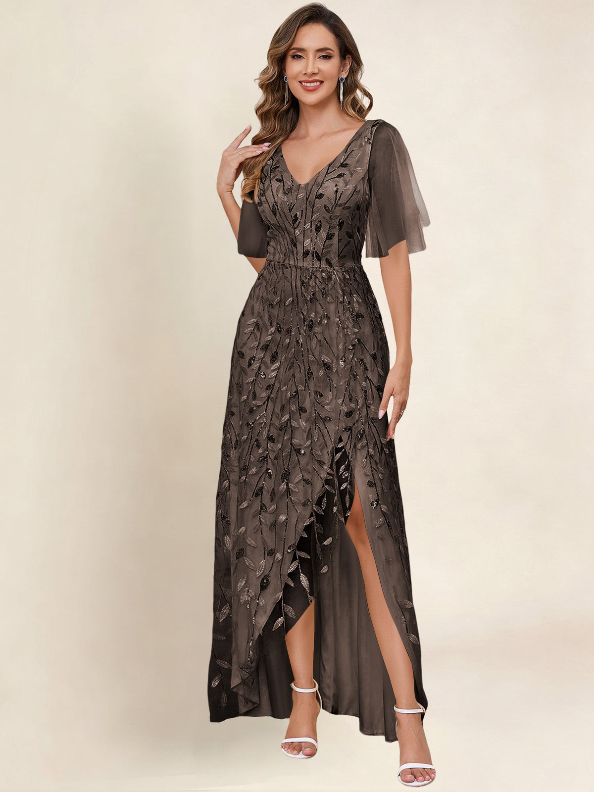 V Neck Sequin Tulle A Line Mother of the Bride Dress with Sleeves