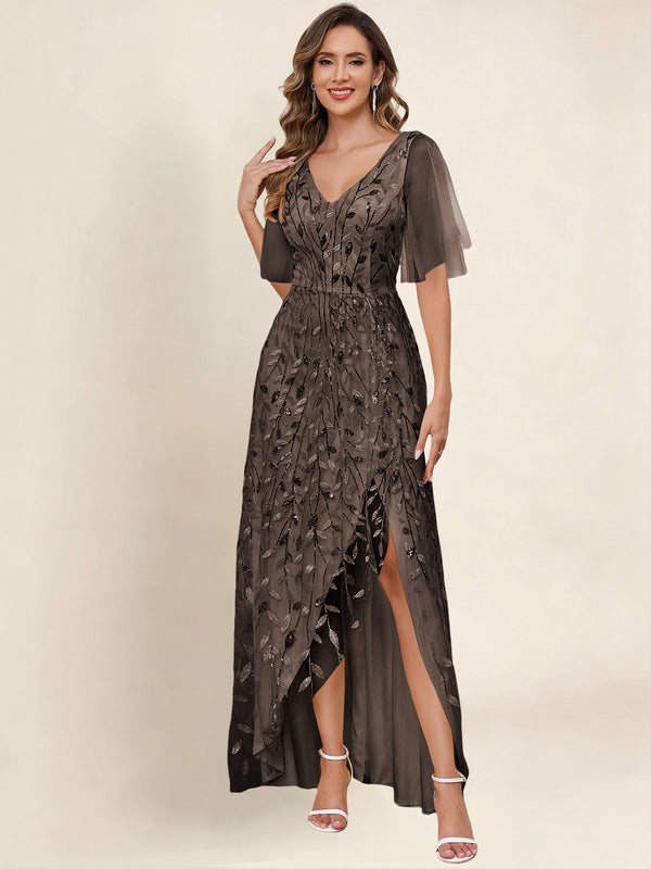 V Neck Sequin Tulle A Line Mother of the Bride Dress with Sleeves