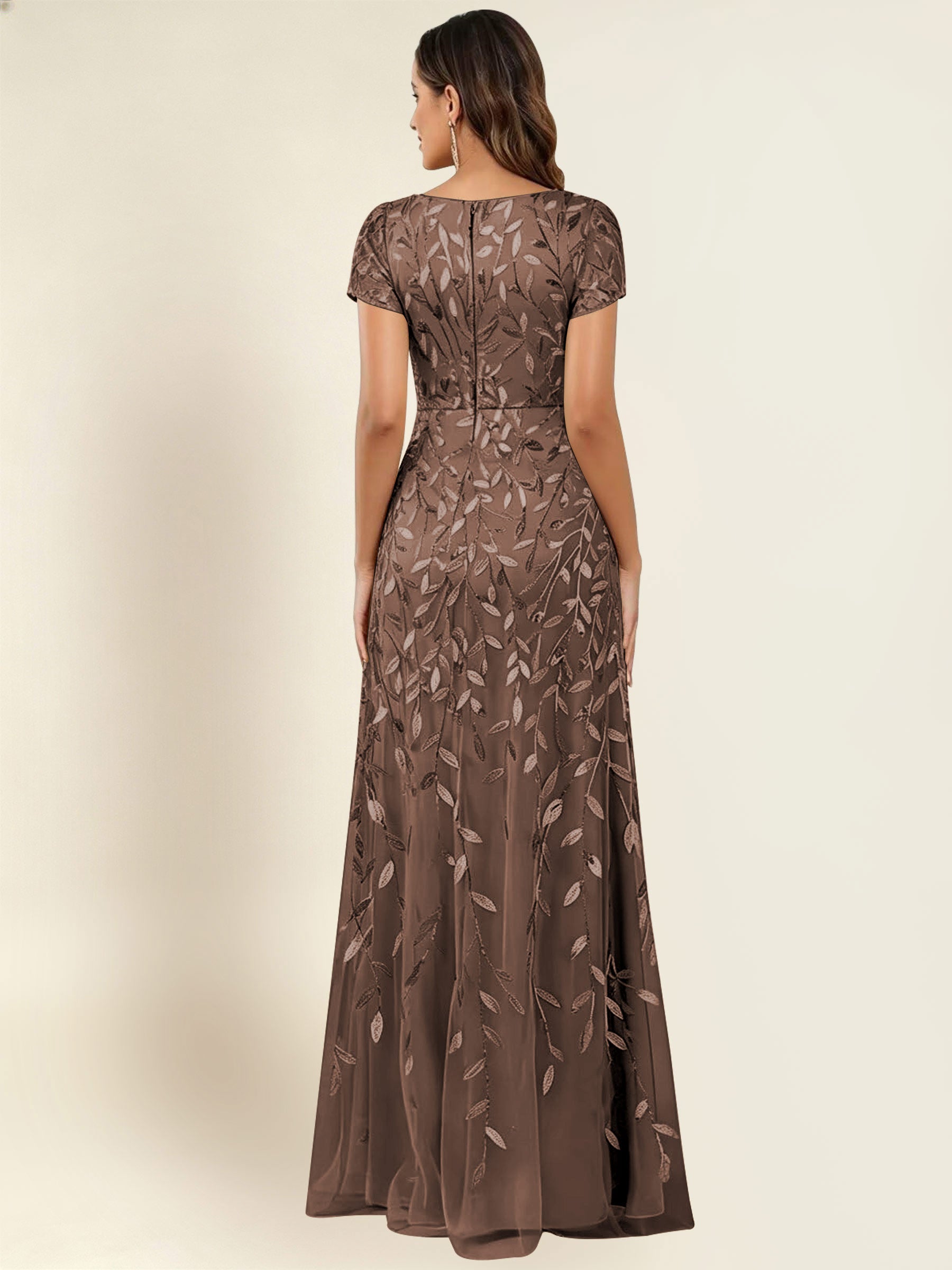 ROVDESY Sequin Mermaid Long Mother Of The Bride Dress With Short Sleeves Formal Gown
