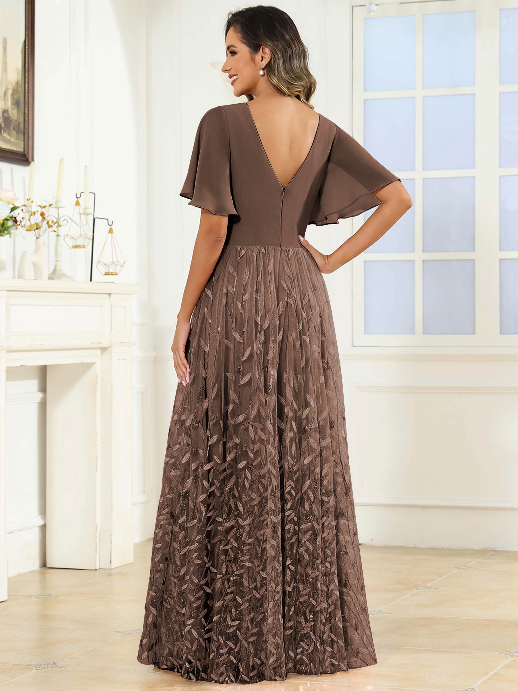 ROVDESY A-Line V-Neck Chiffon Sequin Mother Of The Bride Dress With Short Sleeves