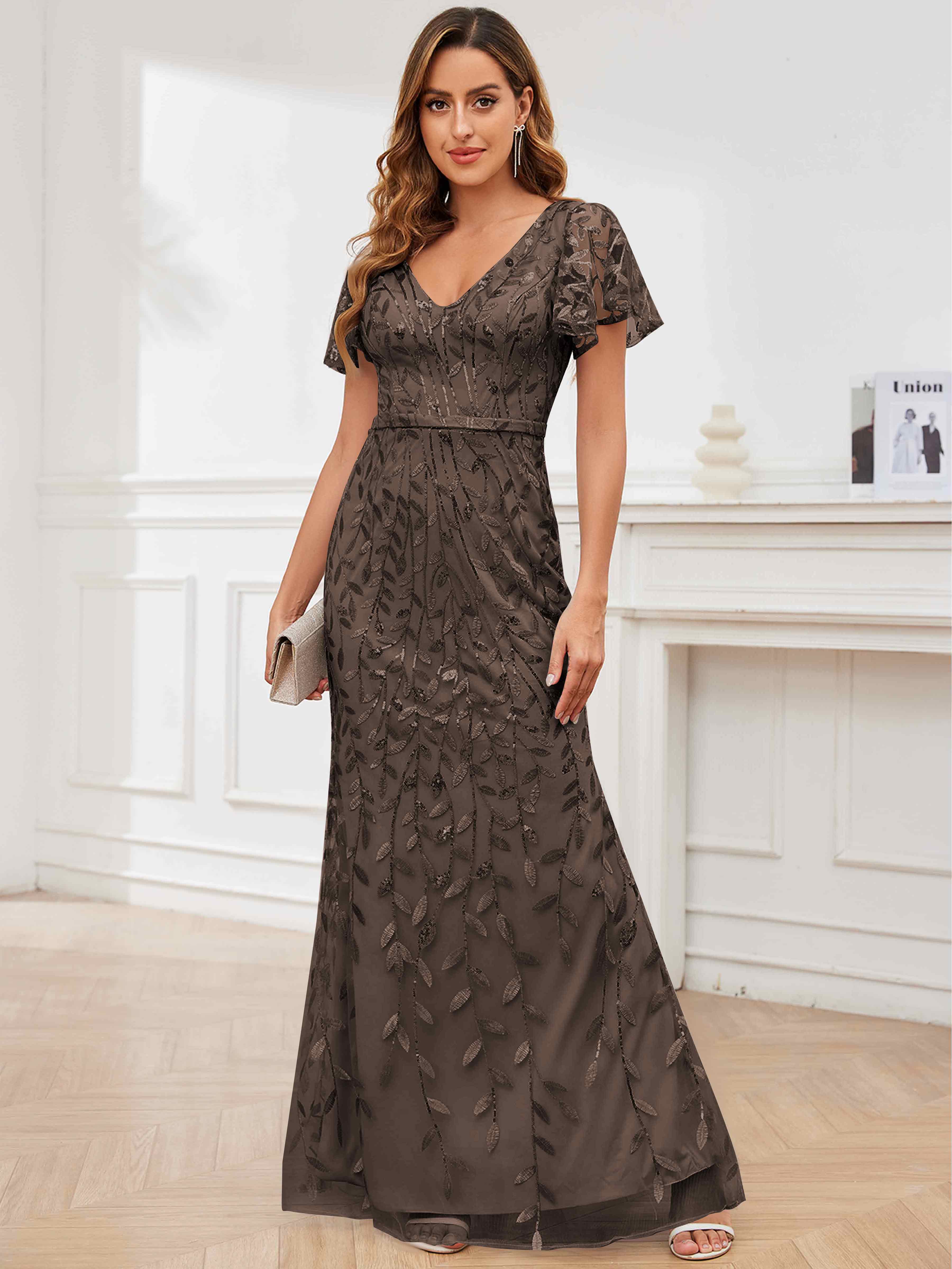 ROVDESY V-Neck Mermaid Sequin Mother Of The Bride Dress With Short Sleeves