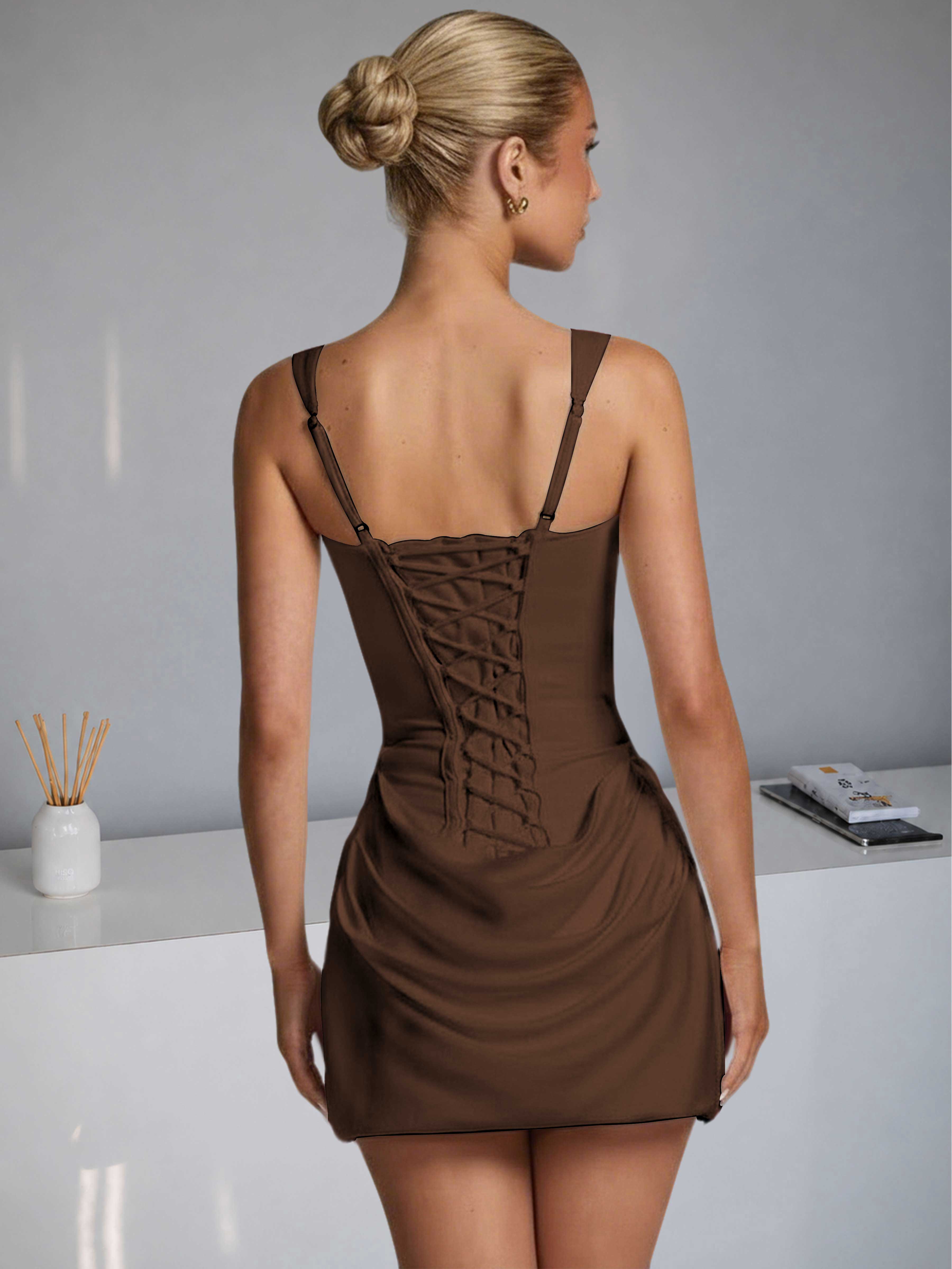 ROVDESY Square Neck Ruched Satin Homecoming Mini Dress