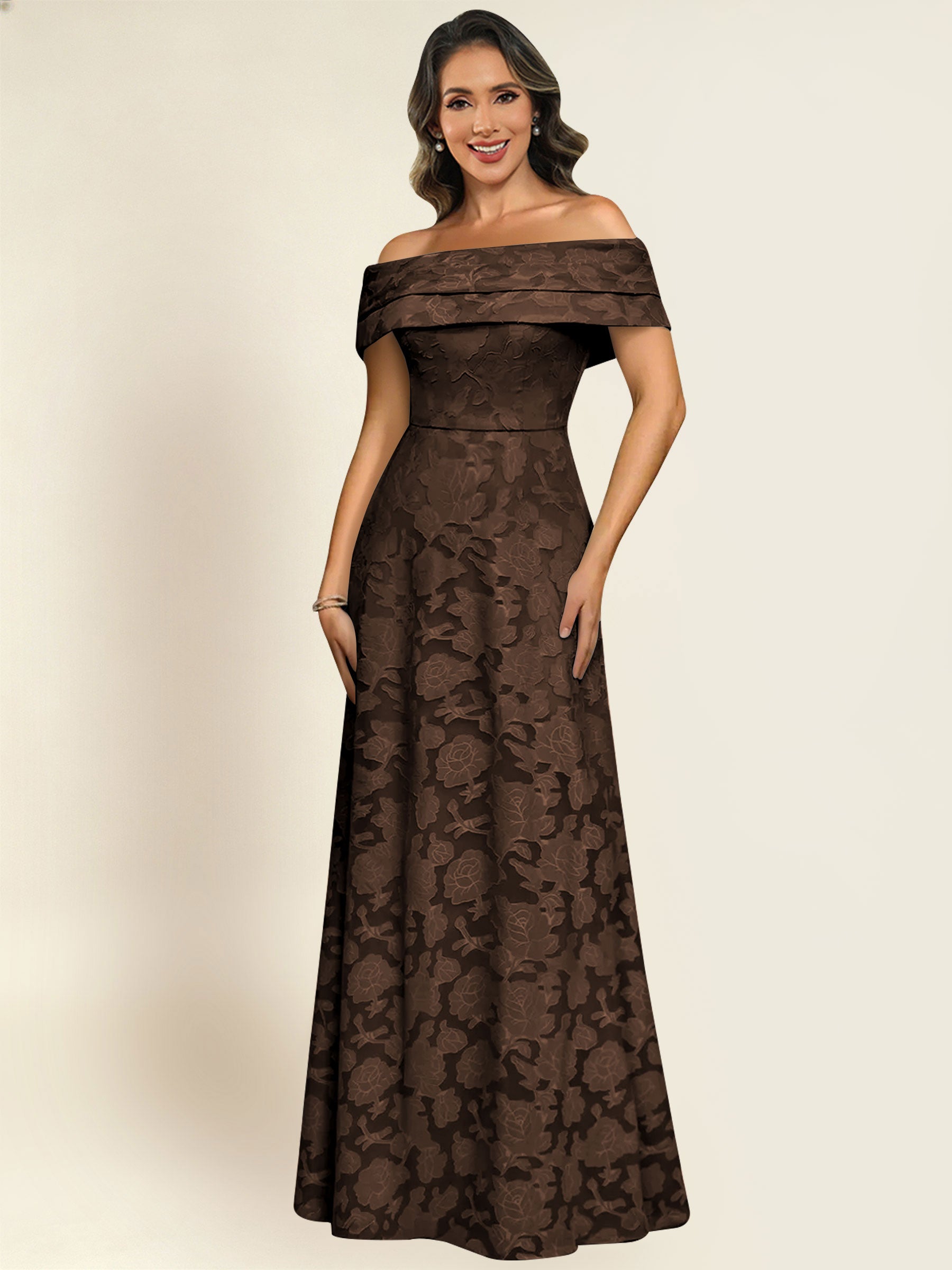 ROVDESY Off the Shoulder Floral Jacquard A-Line Long Mother of the Bride Dress