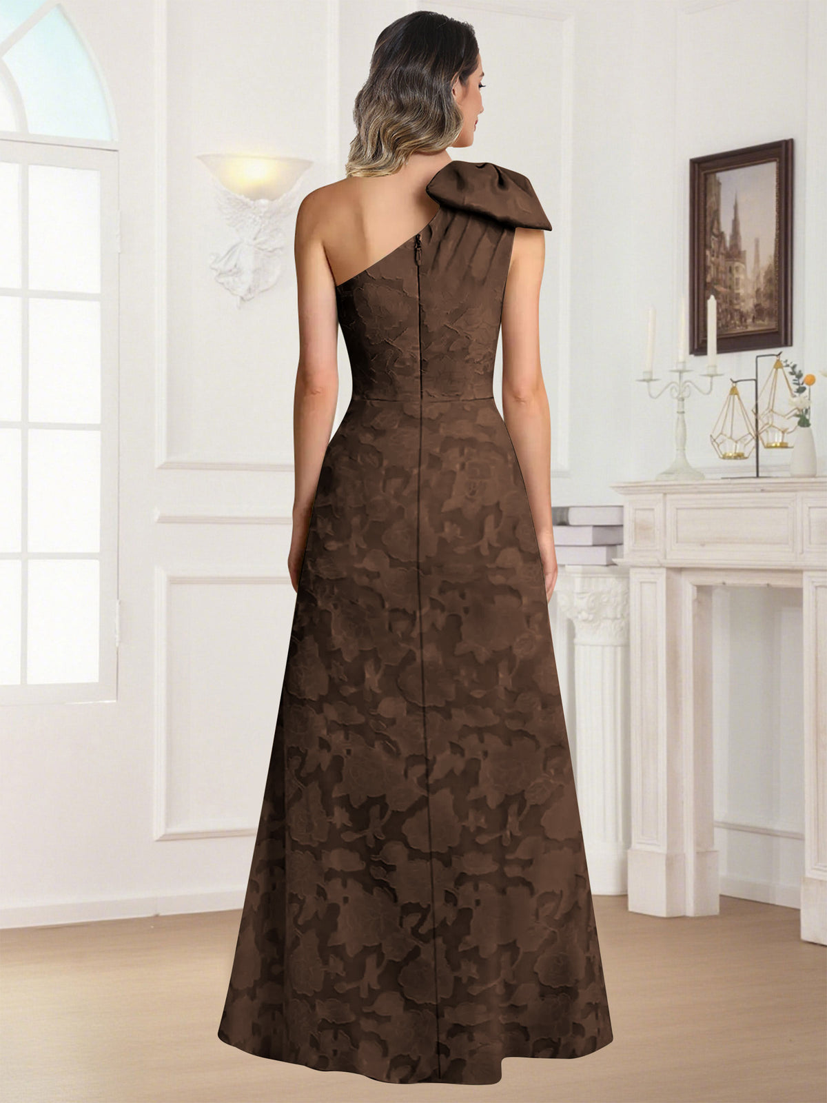One Shoulder Floral Jacquard Mother of the Bride Dress
