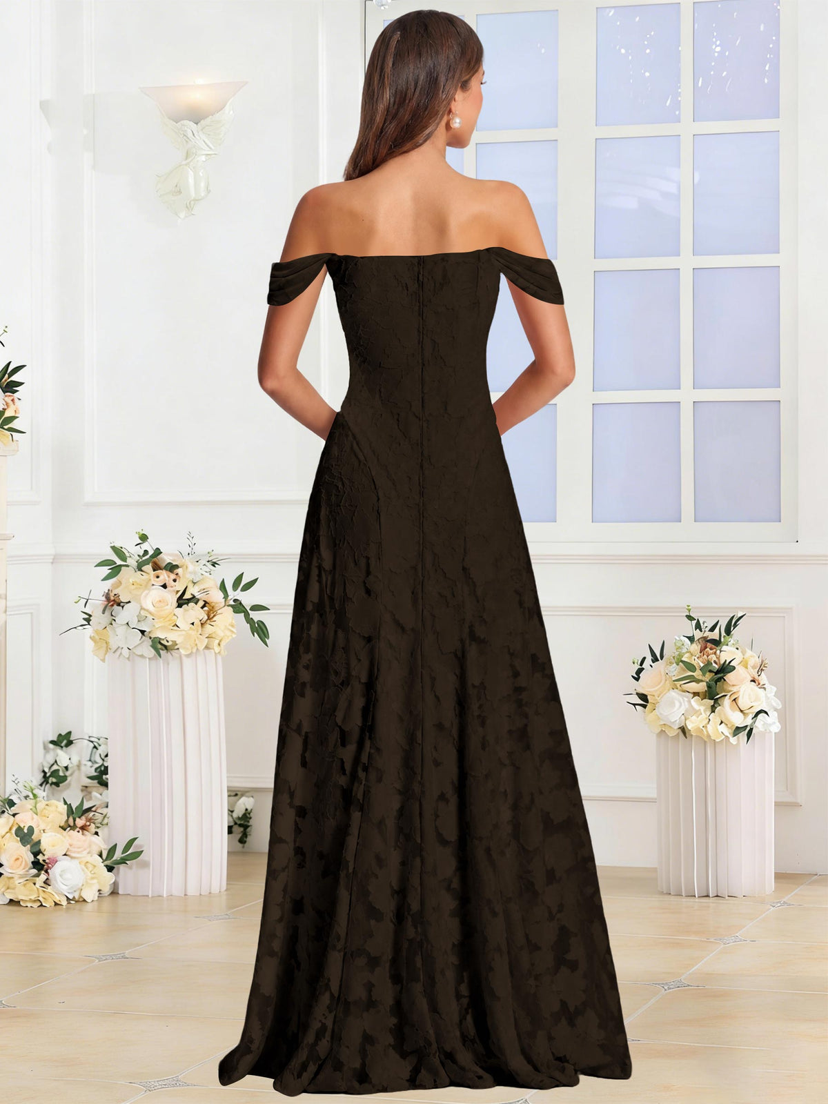 Off the Shoulder Floral Ruched A-line Bridesmaid Dress