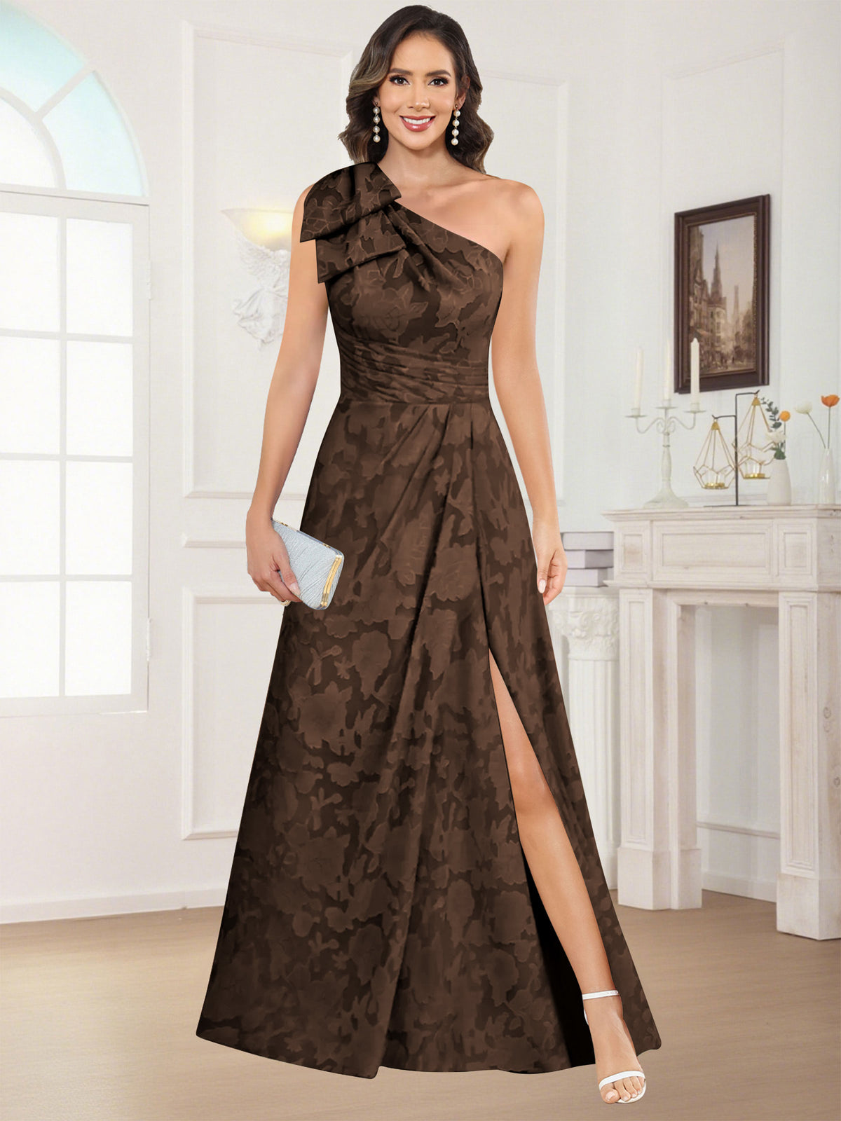 One Shoulder Floral Jacquard Mother of the Bride Dress