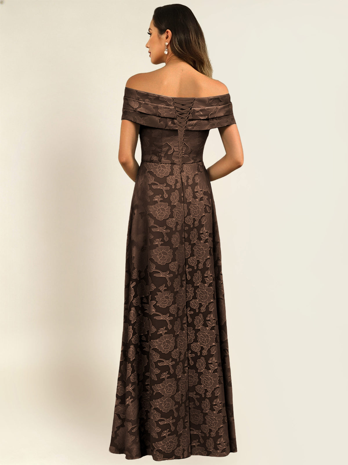 ROVDESY Off the Shoulder Floral Jacquard A-Line Long Mother of the Bride Dress