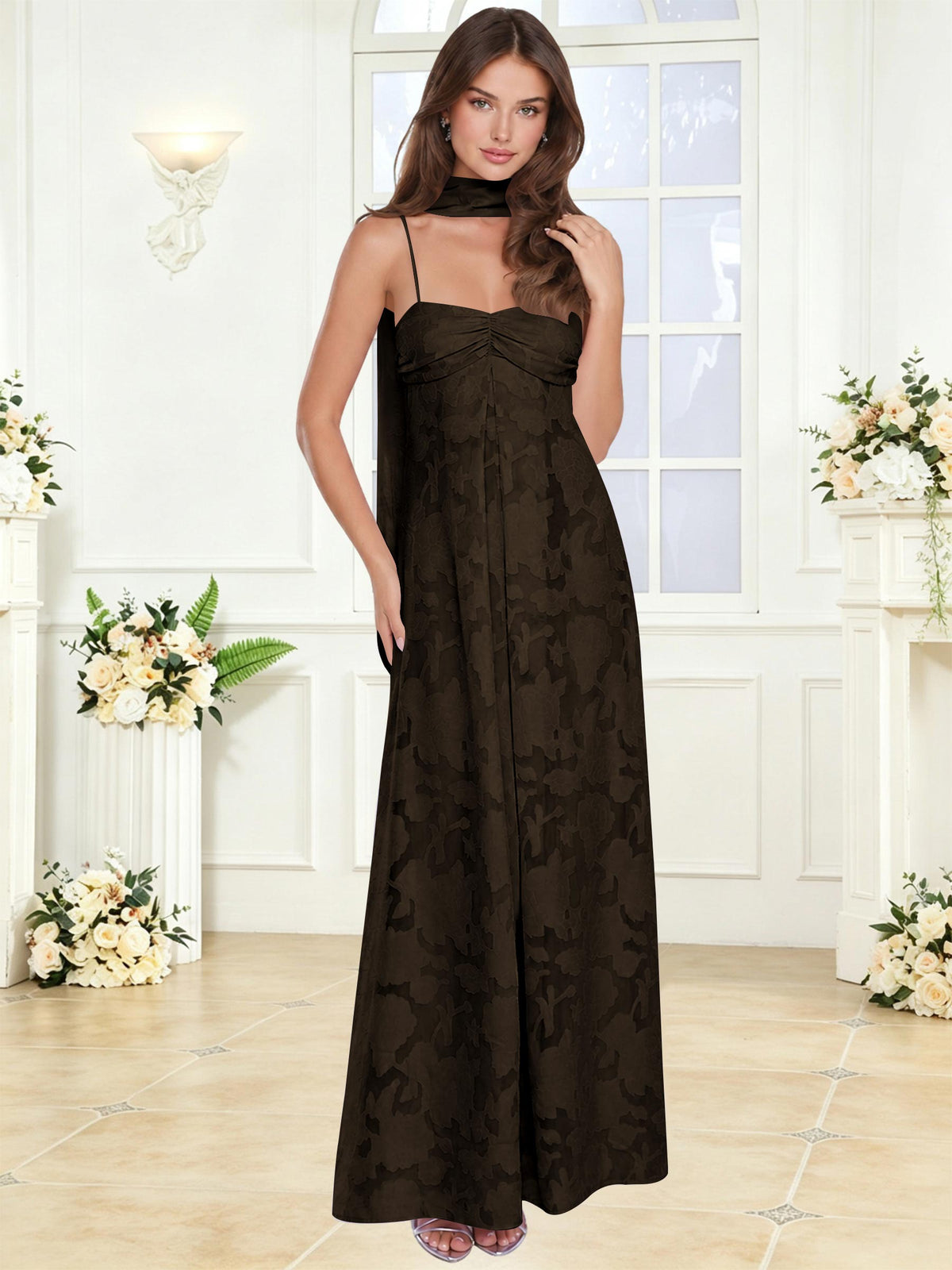 Spaghetti Strap Ruched Floral Jacquard A Line Bridesmaid Dress with Scarf
