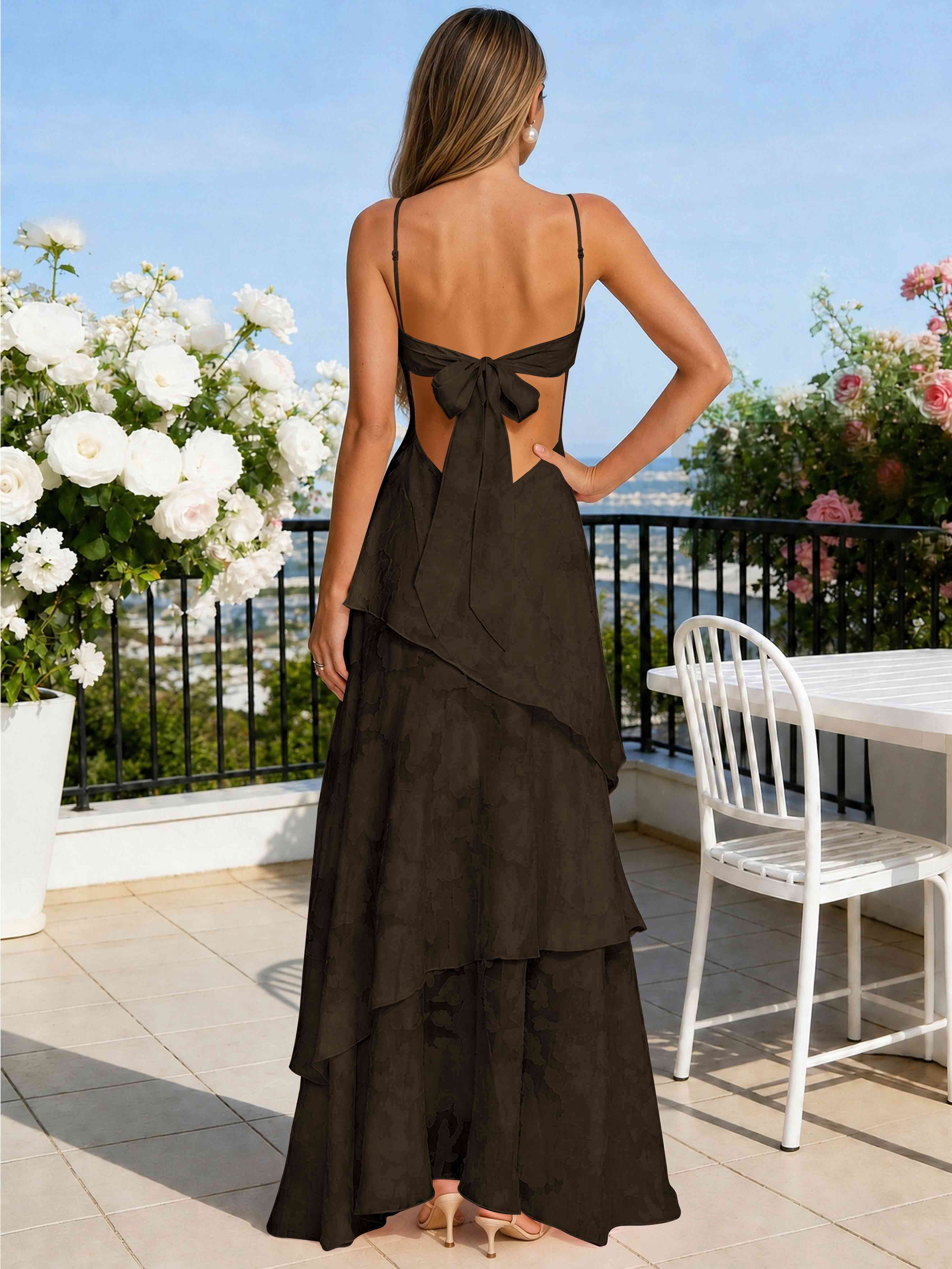 ROVDESY Spaghetti Strap V-Neck Chiffon Jacquard Tiered Ruffle Long Bridesmaid/Prom Dress