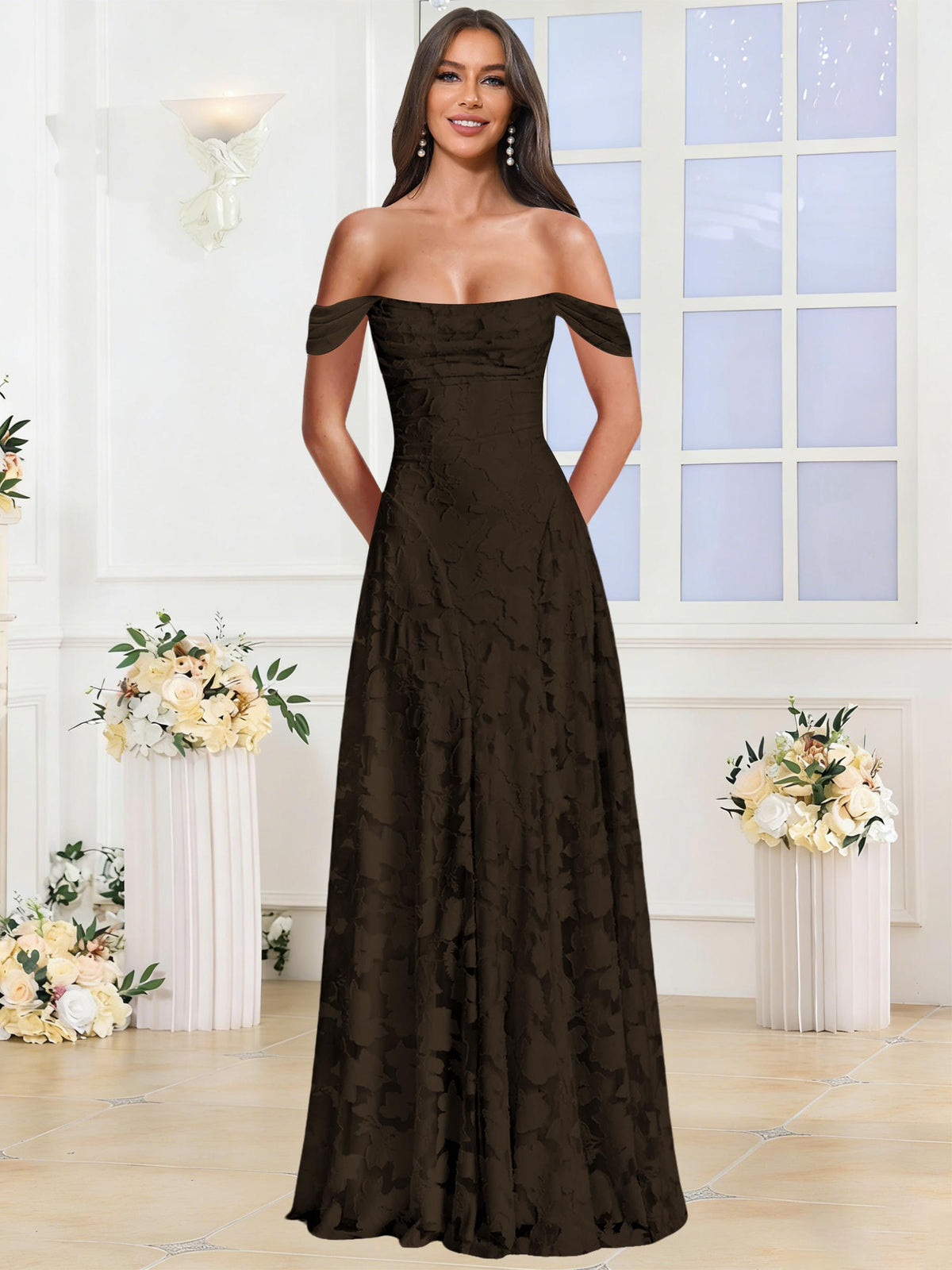 Off the Shoulder Floral Ruched A-line Bridesmaid Dress