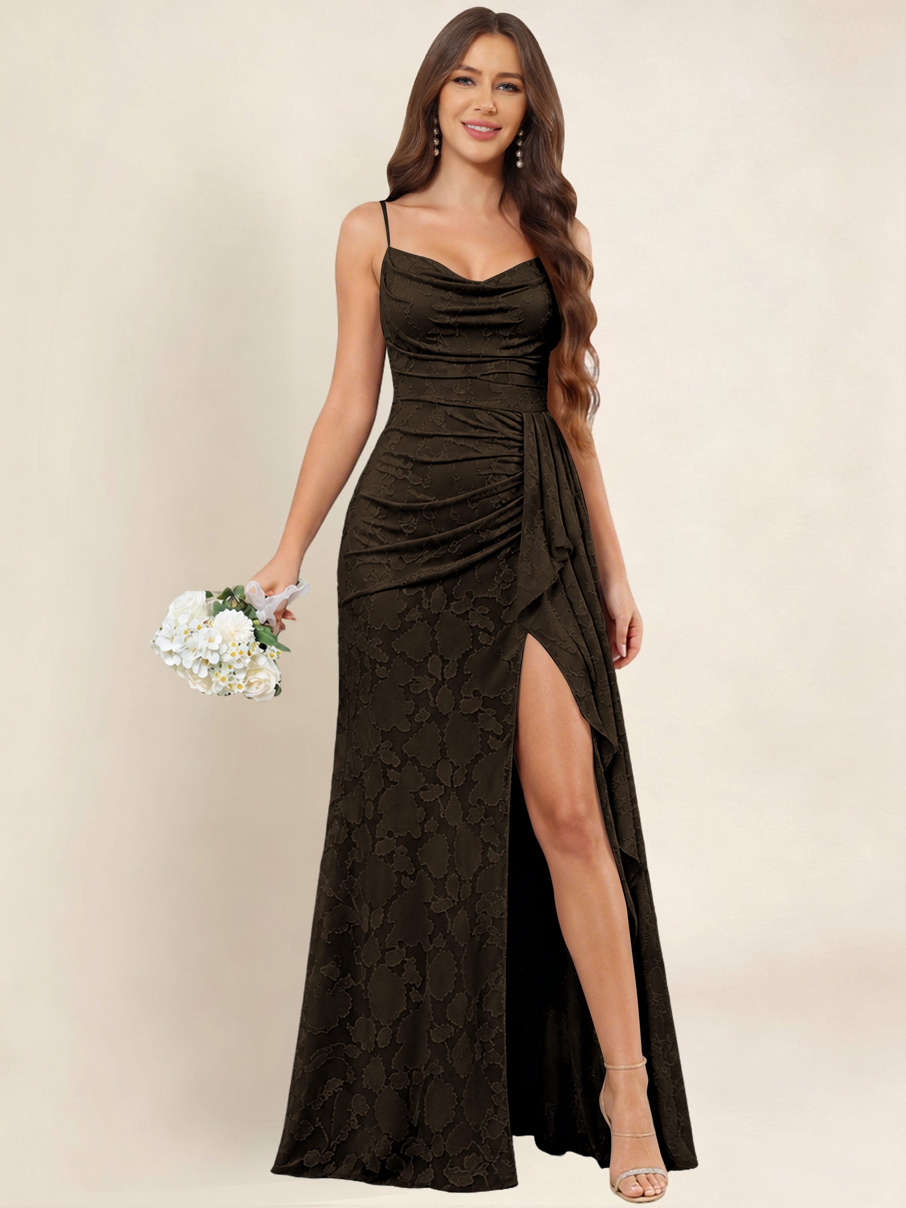 ROVDESY  Cowl Neck Ruffle Mermaid Chiffon Jacquard Bridesmaid/Prom Dress With Slit
