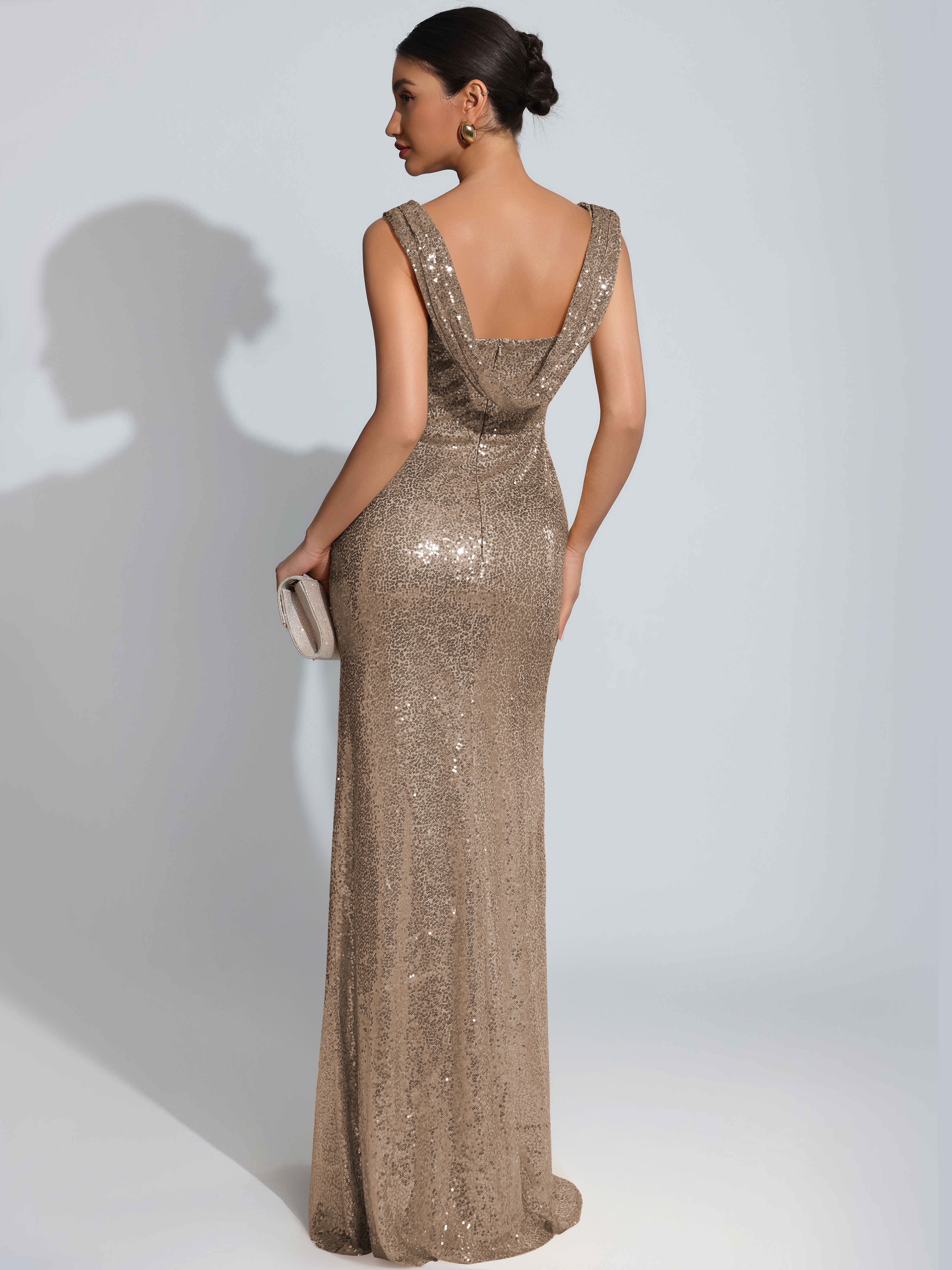 ROVDESY Sparkly Bateau Mermaid Ruched Sequin Long Prom Dress with Slit