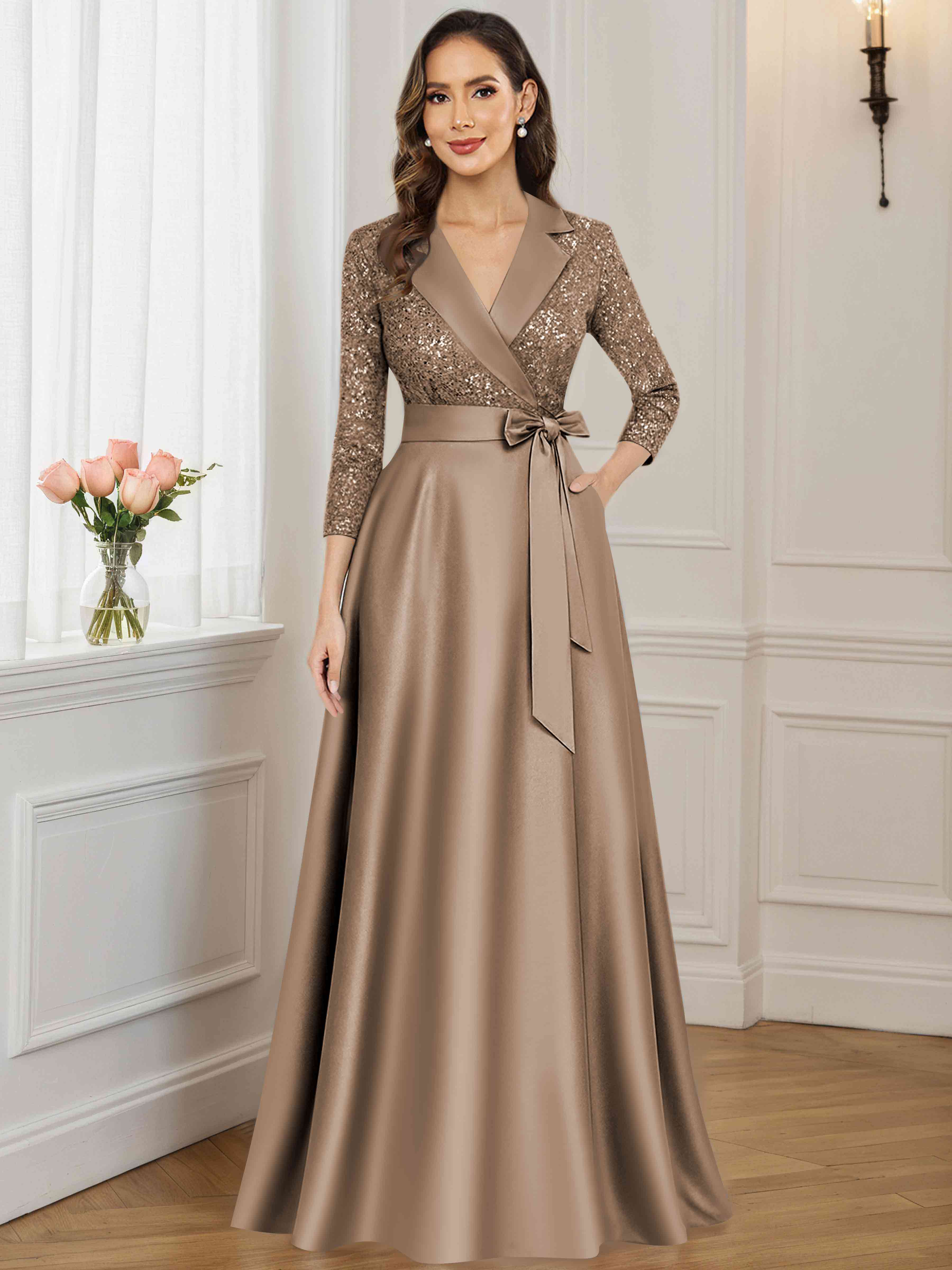 ROVDESY A-Line V Neck Sequin Satin  Long Mother of The Bride Dress Formal Gown With 3/4 Sleeves