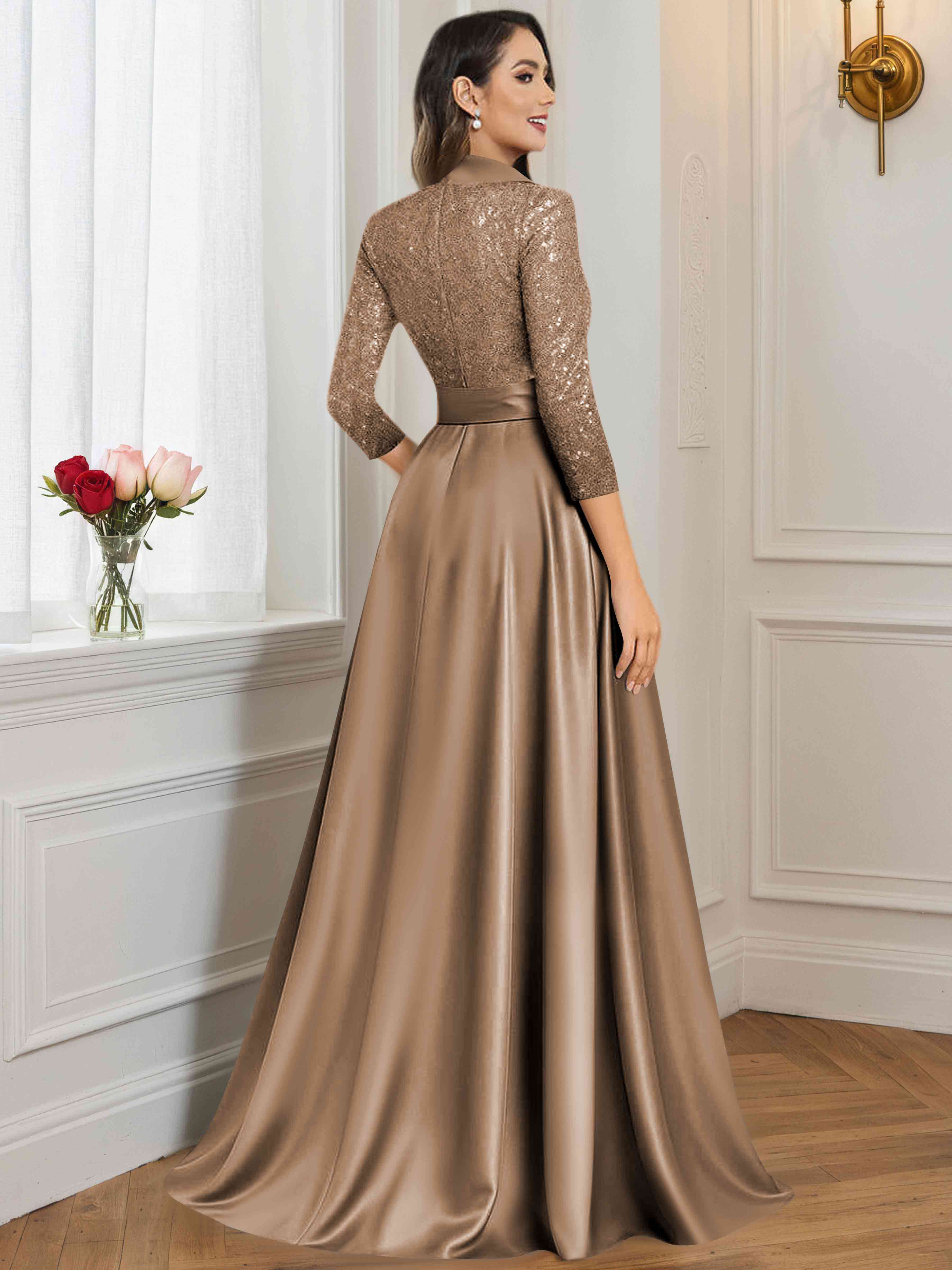 ROVDESY A-Line V Neck Sequin Satin  Long Mother of The Bride Dress Formal Gown With 3/4 Sleeves