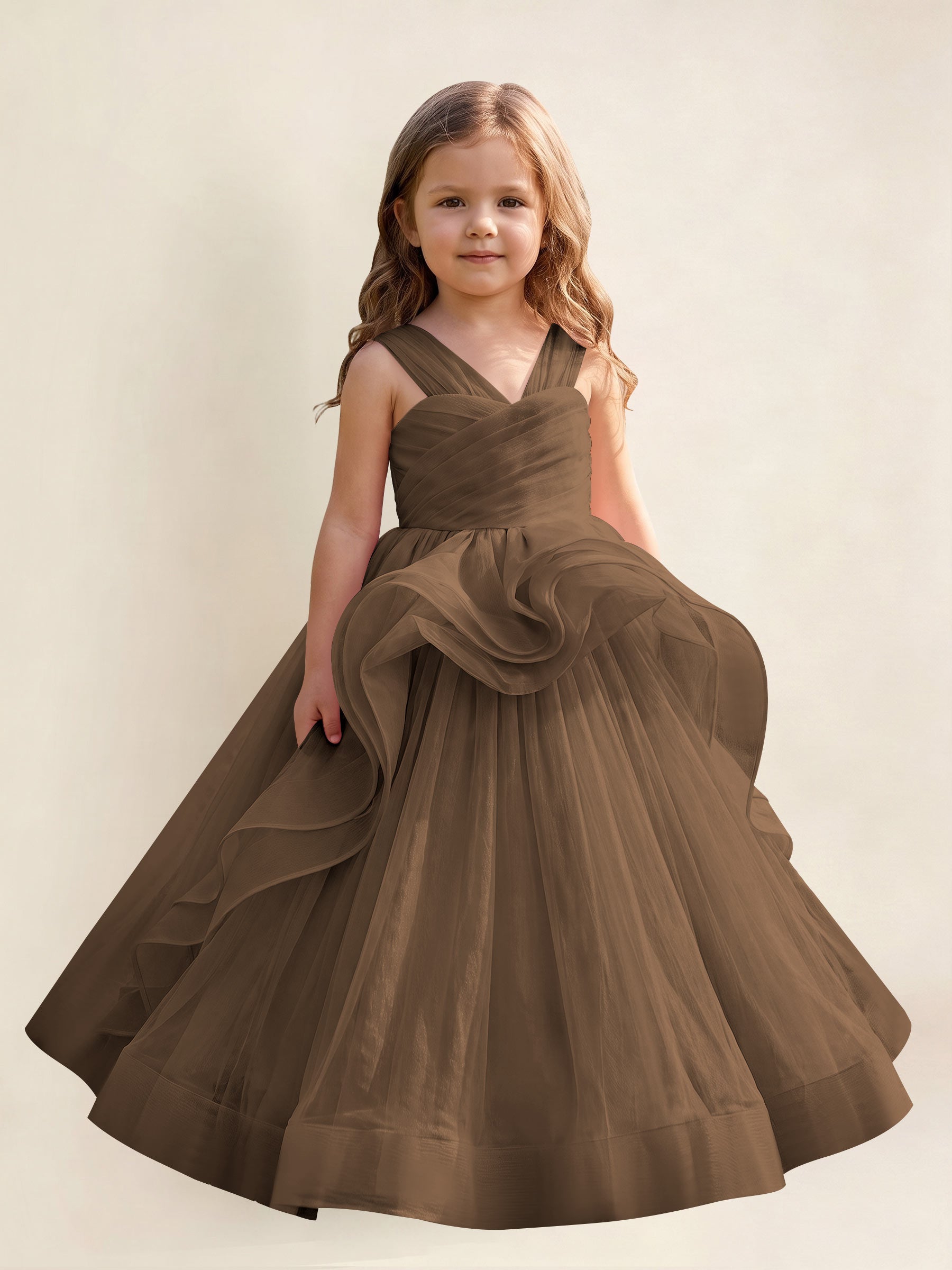 ROVDESY A-Line V-Neck Tulle Flower Girl Dress With Sleeveless Long Ball Gown Dress