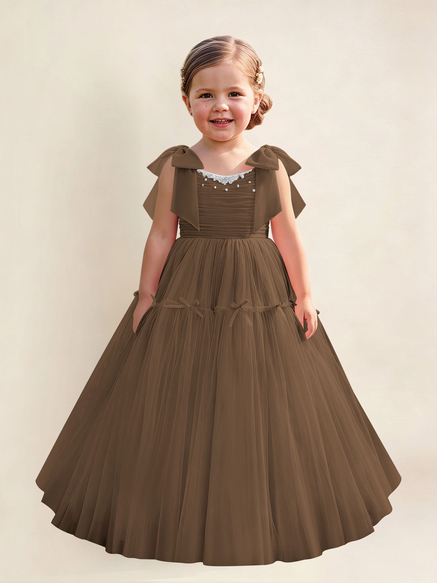ROVDESY A-Line Tulle Flower Girl Dress With Bow Long Ball Gown Dress