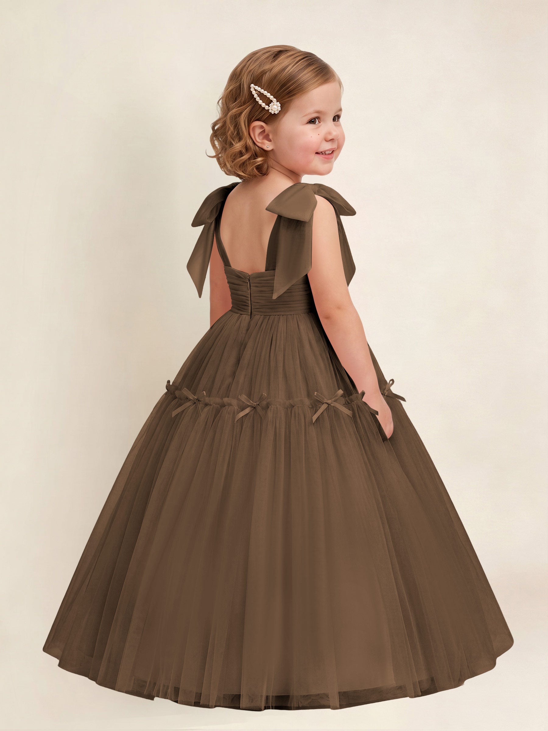 ROVDESY A-Line Tulle Flower Girl Dress With Bow Long Ball Gown Dress
