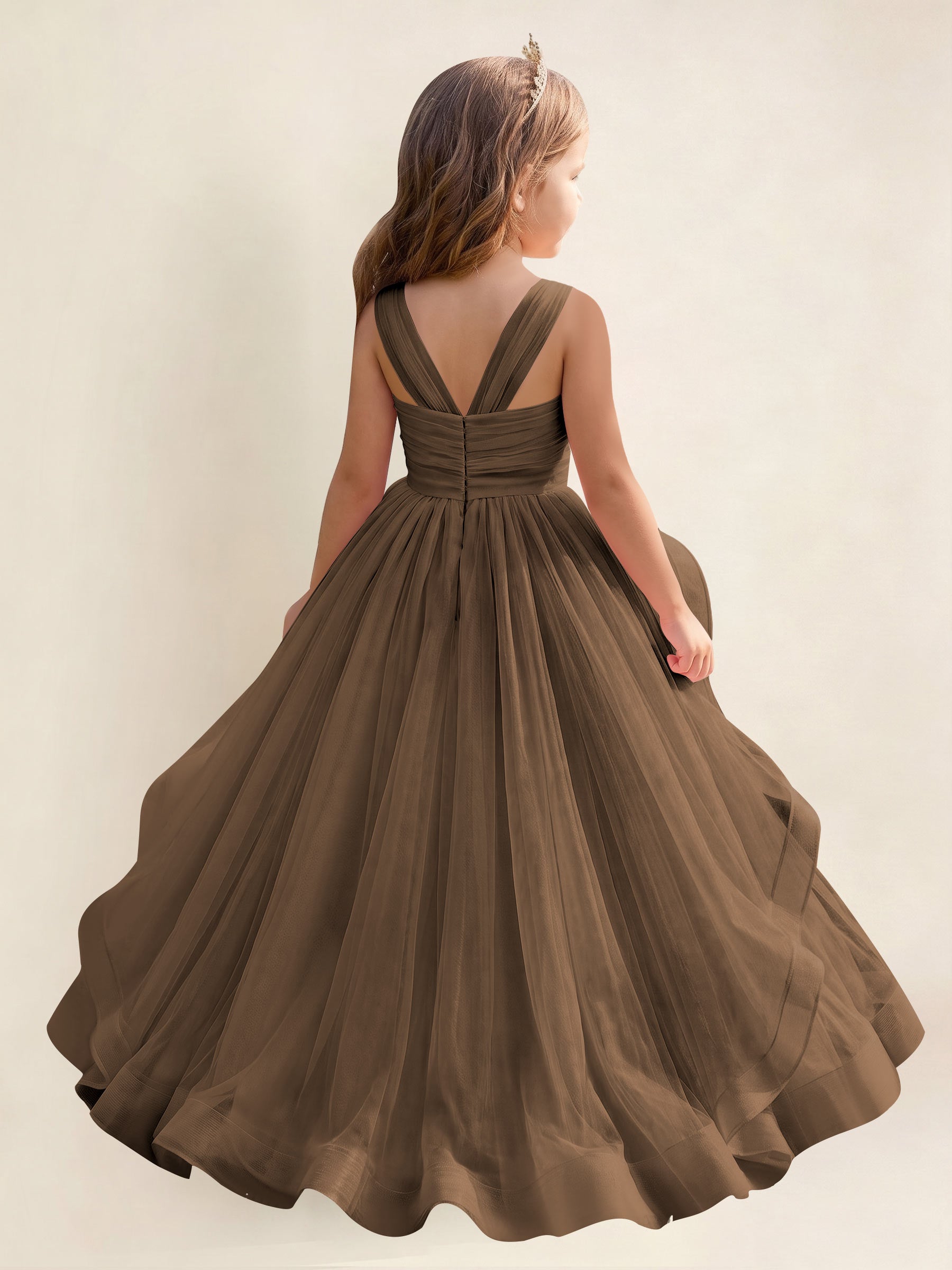 ROVDESY A-Line V-Neck Tulle Flower Girl Dress With Sleeveless Long Ball Gown Dress