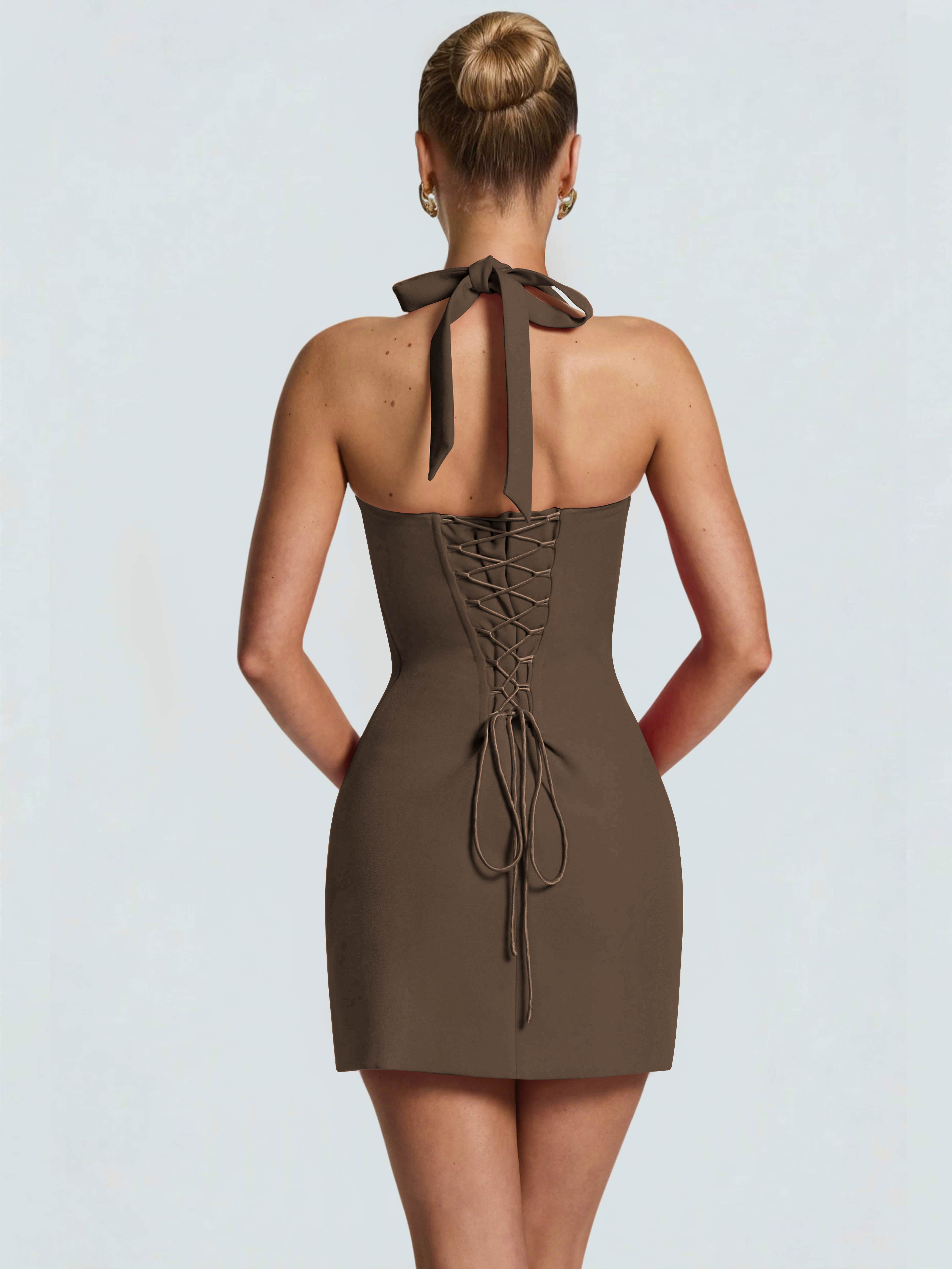 ROVDESY Halter Lace Satin Tight Homecoming Mini Dress