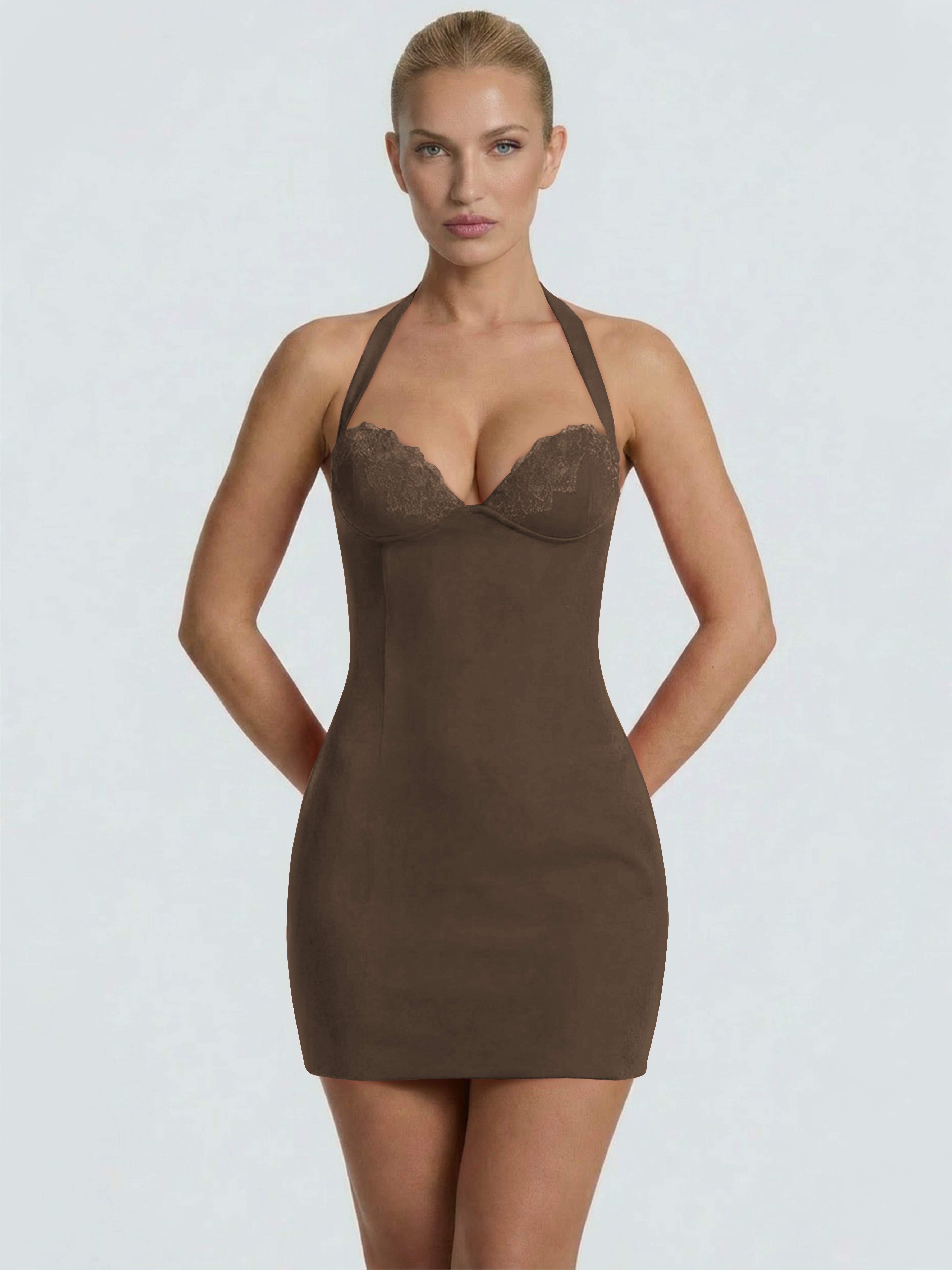 ROVDESY Halter Lace Satin Tight Homecoming Mini Dress