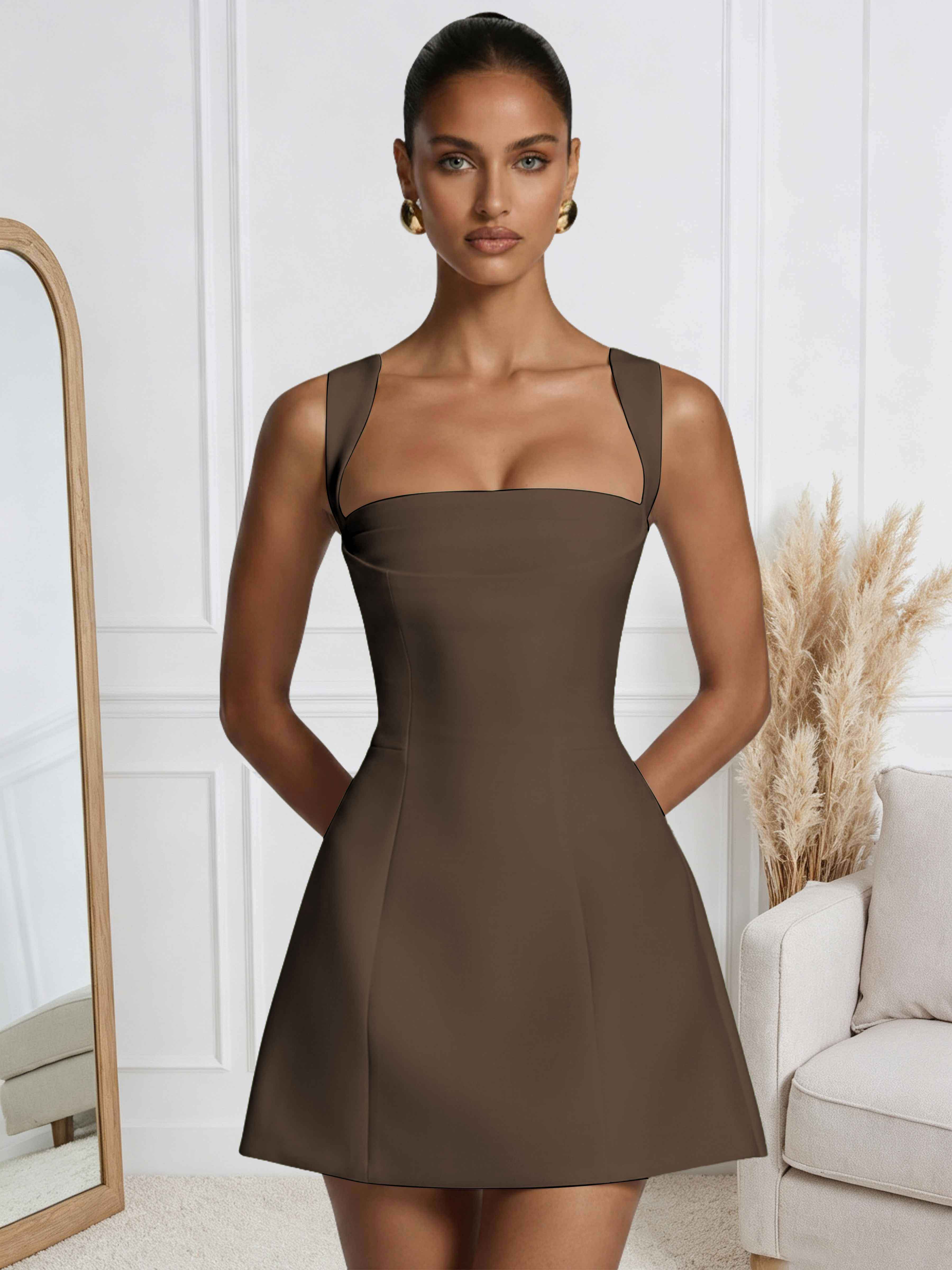 ROVDESY A-Line Square Neck Satin Homecoming Mini Dress