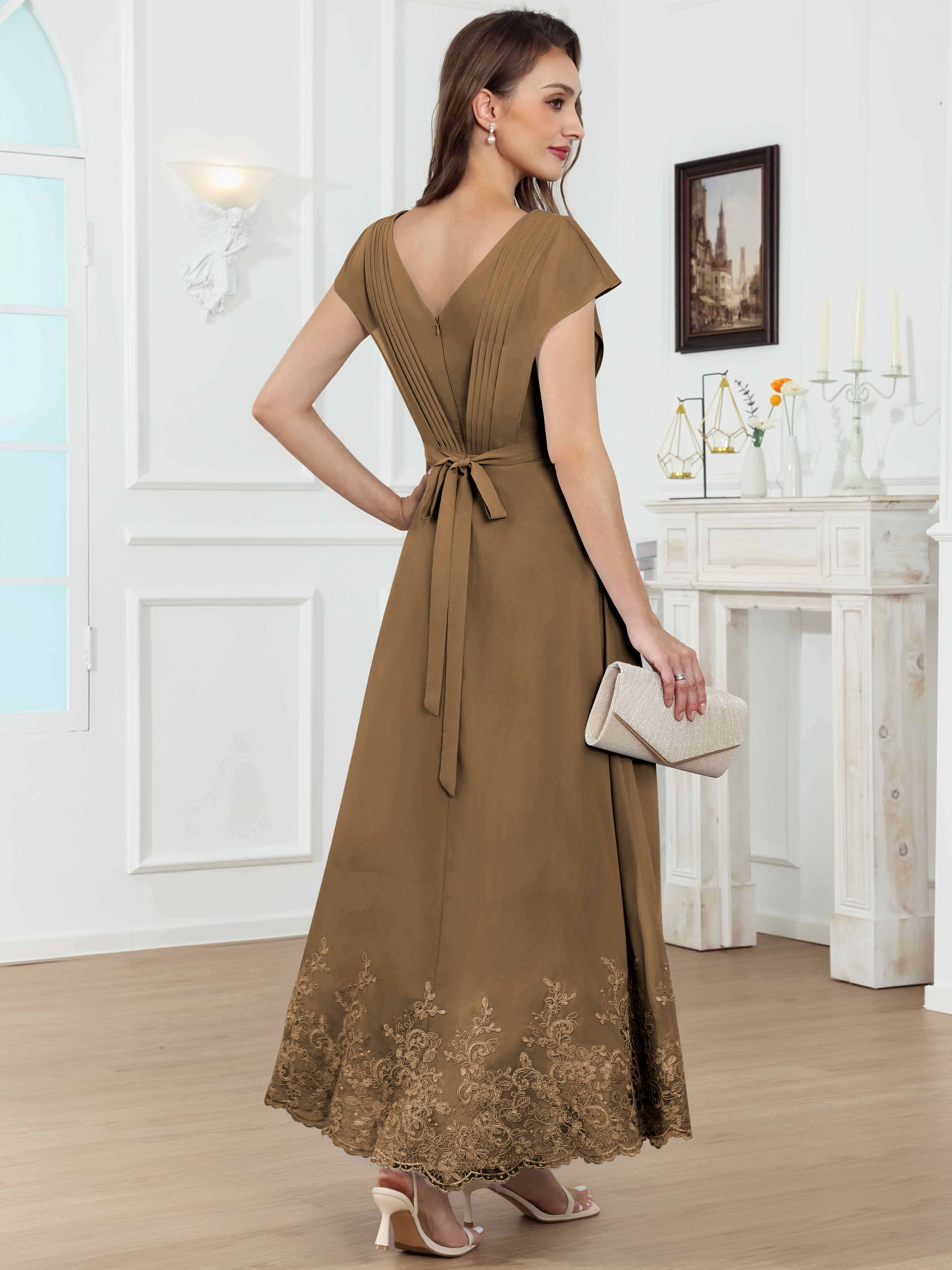 ROVDESY Tea Length High-Low V-Neck Ruched Lace Chiffon Mother of The Bride Dress for Women