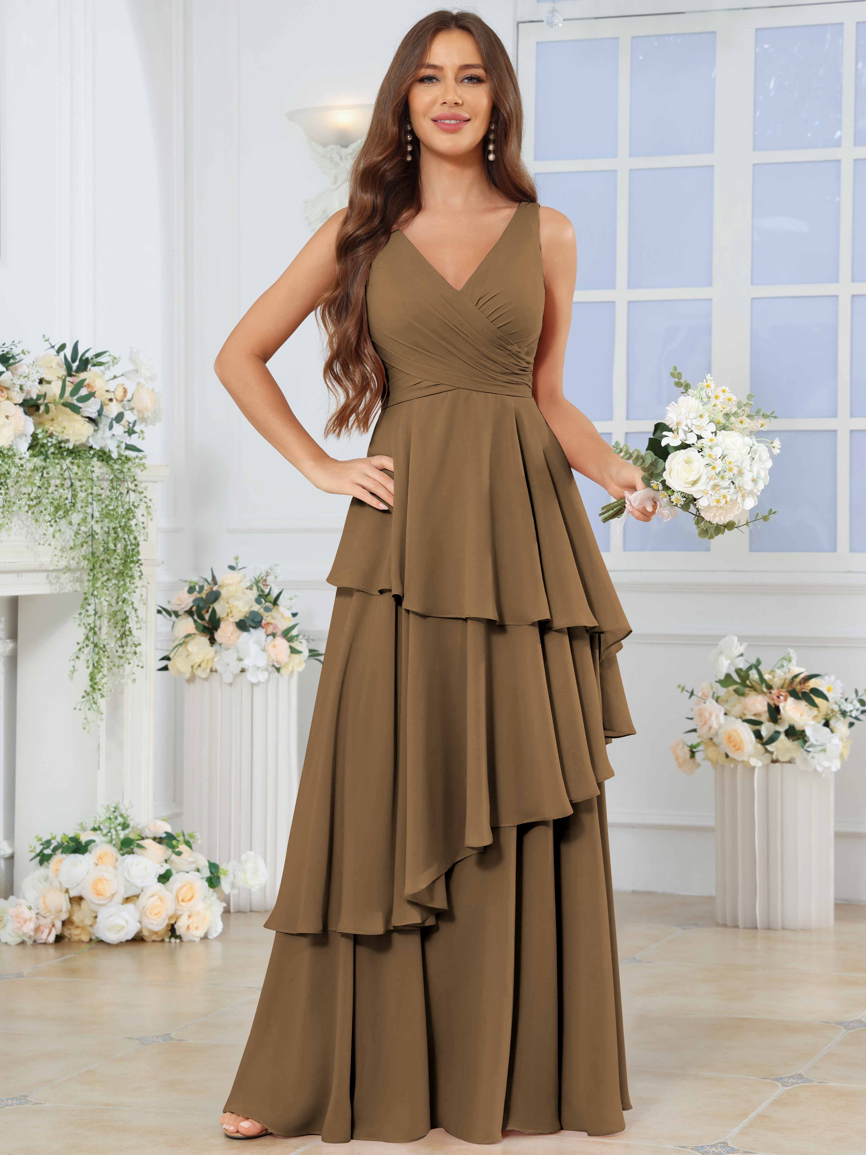 ROVDESY Long Sleeveless V-Neck Tiered Pleated Chiffon Bridesmaid Dress
