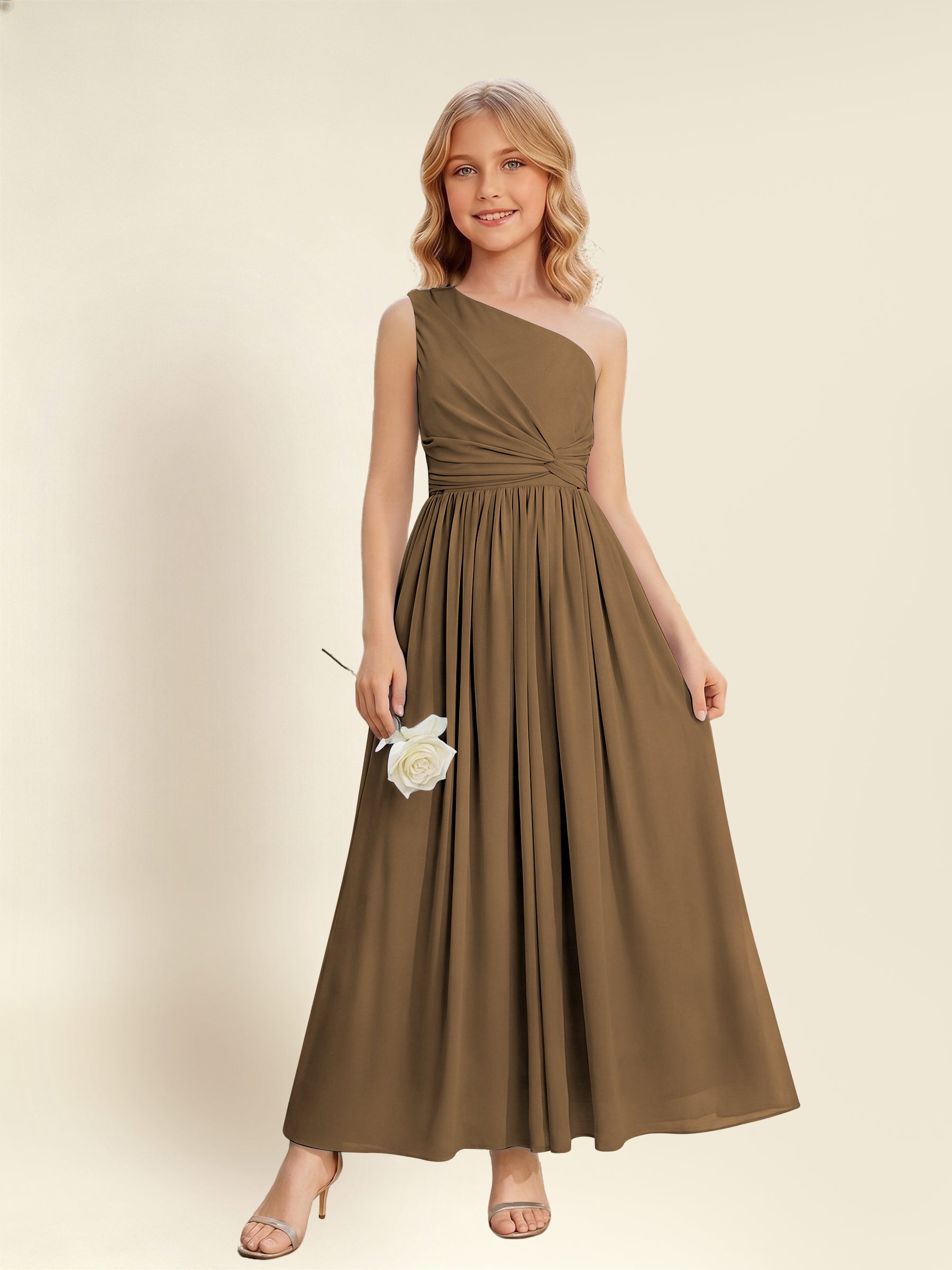ROVDESY One Shoulder Twist Waist Chiffon Junior Bridesmaid Maxi Dress