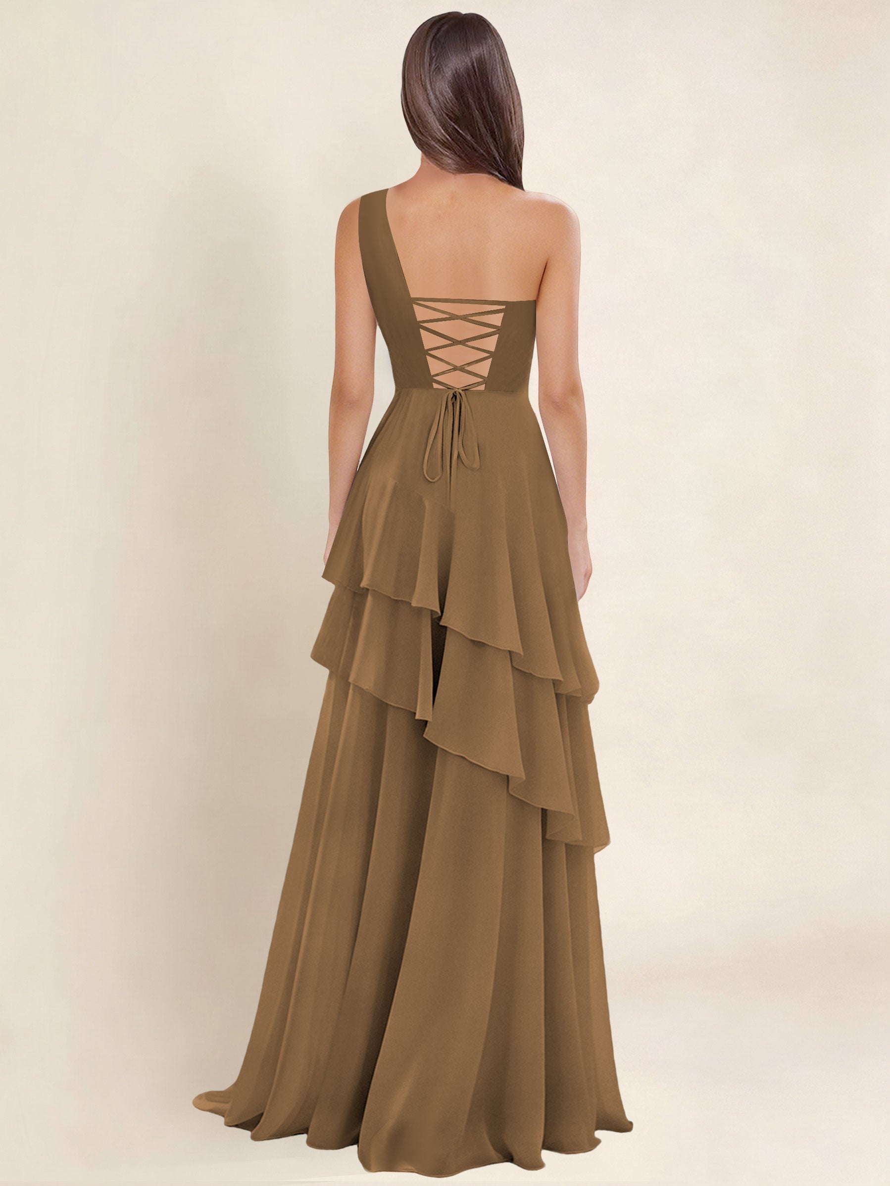 ROVDESY A-Line One Shoulder Pleated Tiered Chiffon Bridesmaid Dress