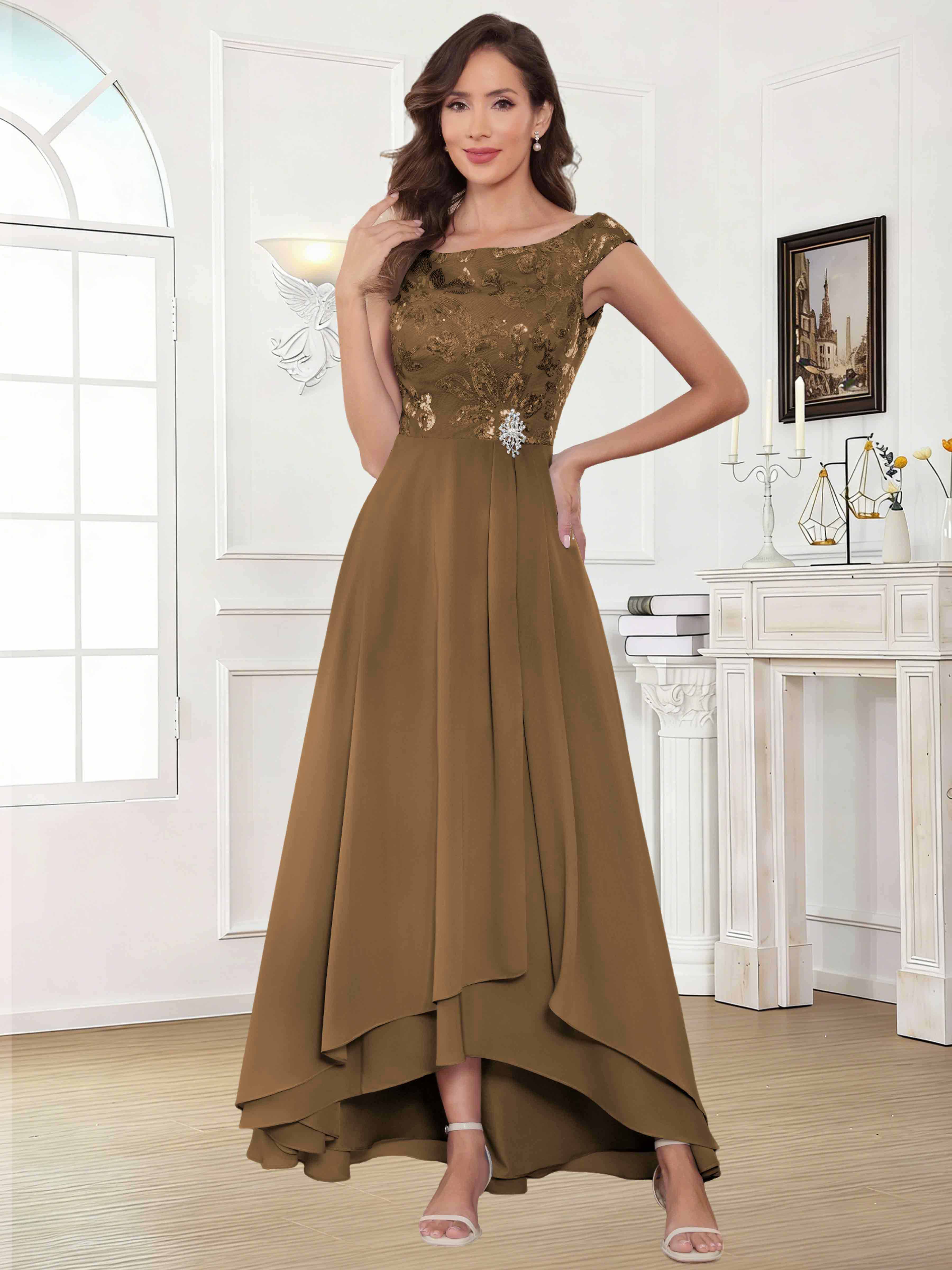ROVDESY Tea Length Off-The-Shoulder Sequin Chiffon Mother Of The Bride Dress