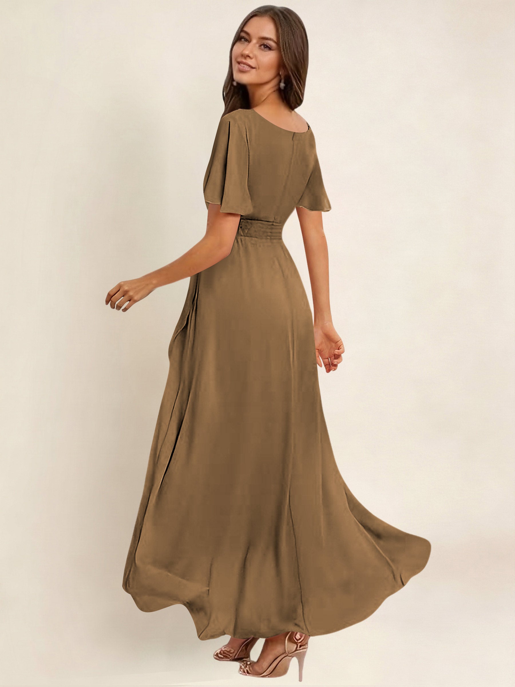 ROVDESY A-Line High Low Round Neck Pleated Ruffle Chiffon Bridesmaid Dress With Short Sleeves